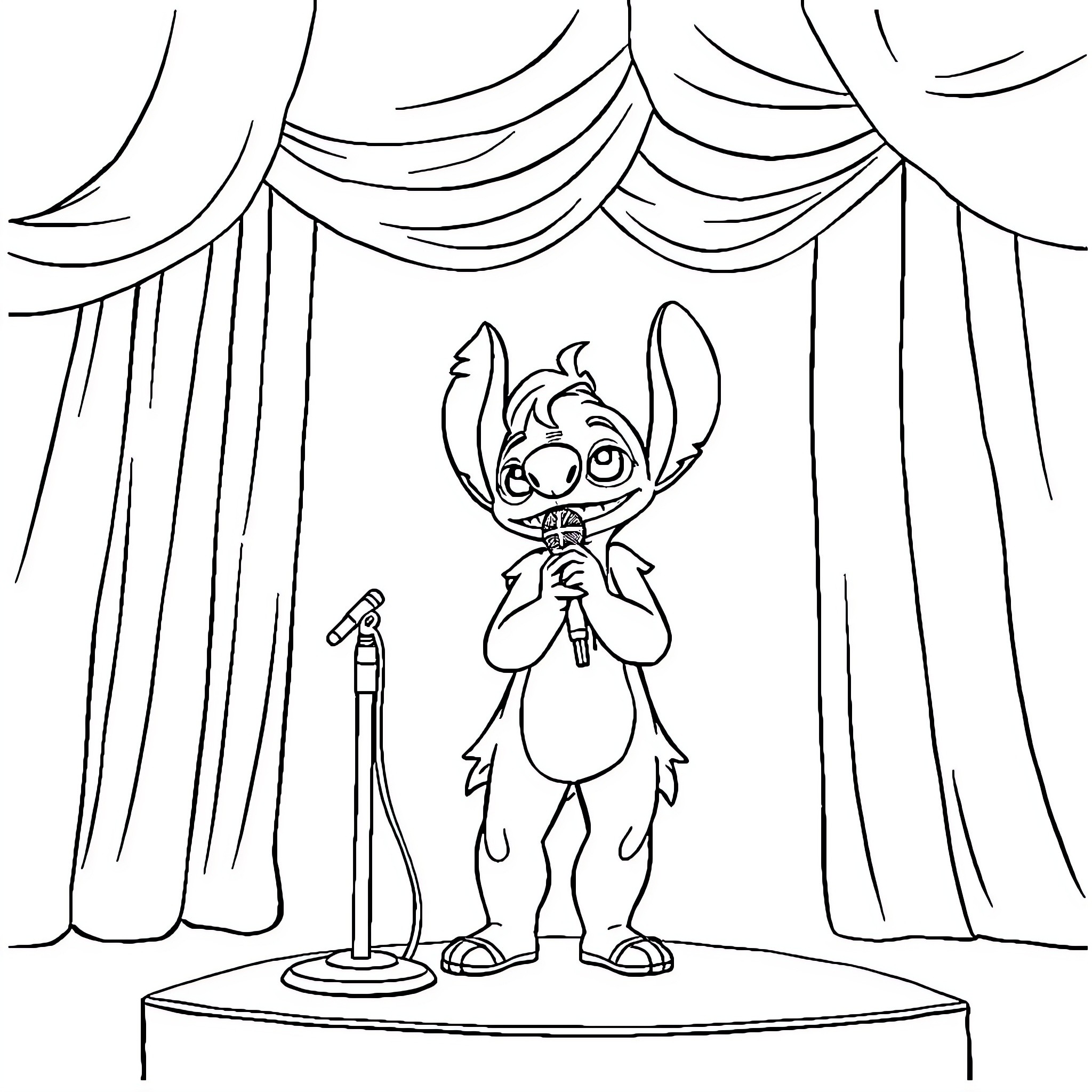 Zoë the Performer on Stage Coloring Page (free black-and-white line drawing printable PDF for all, from beginners to advanced learners, including children, teens, adults, and seniors)