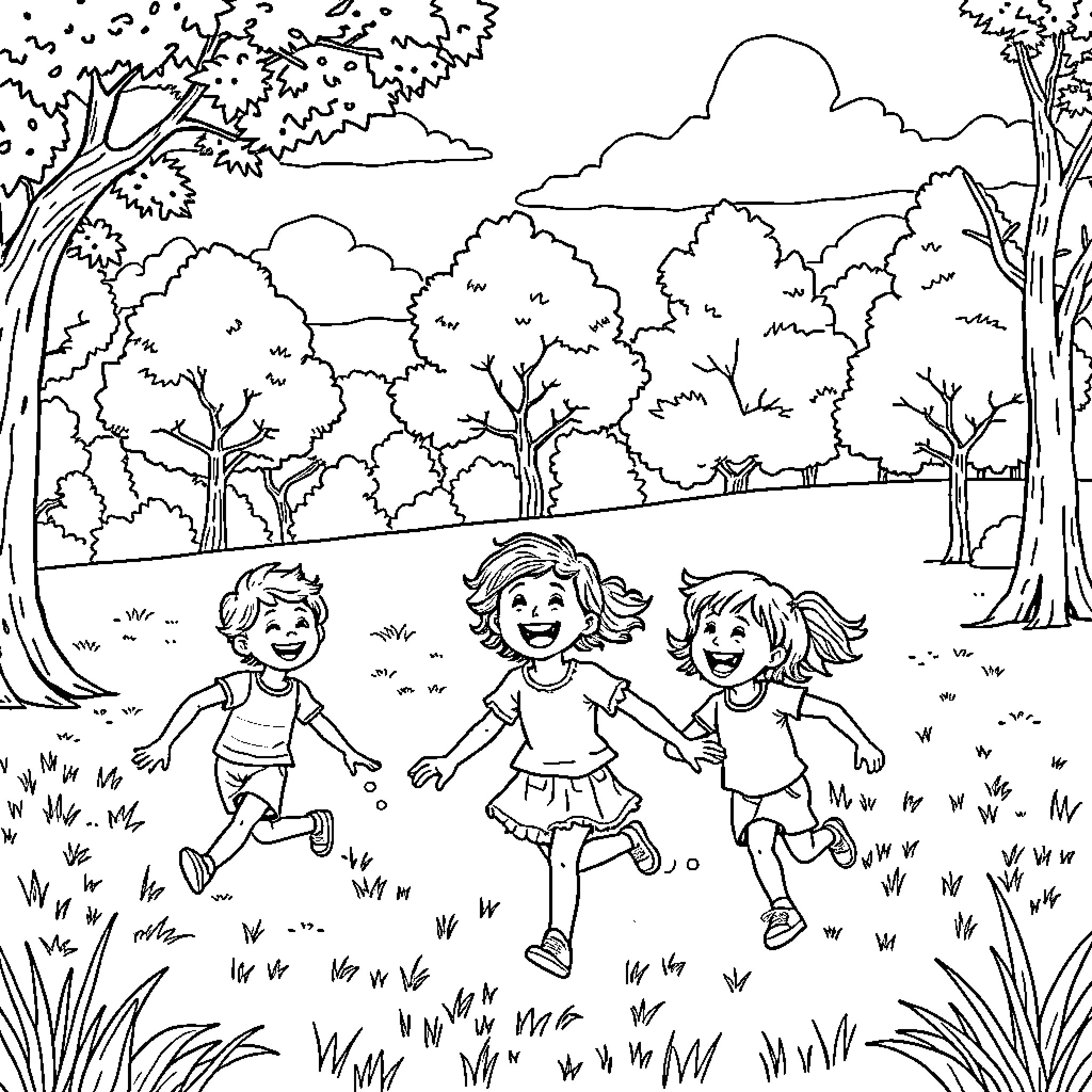 Kids playing happily in the park Coloring Page (free black-and-white line drawing printable PDF for all, from beginners to advanced learners, including children, teens, adults, and seniors)