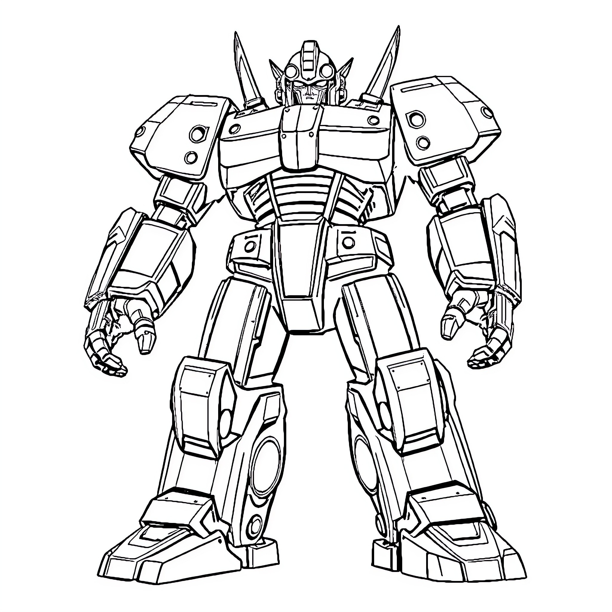 Goldorak robot in heroic pose Coloring Page (free black-and-white line drawing printable PDF for all, from beginners to advanced learners, including children, teens, adults, and seniors)