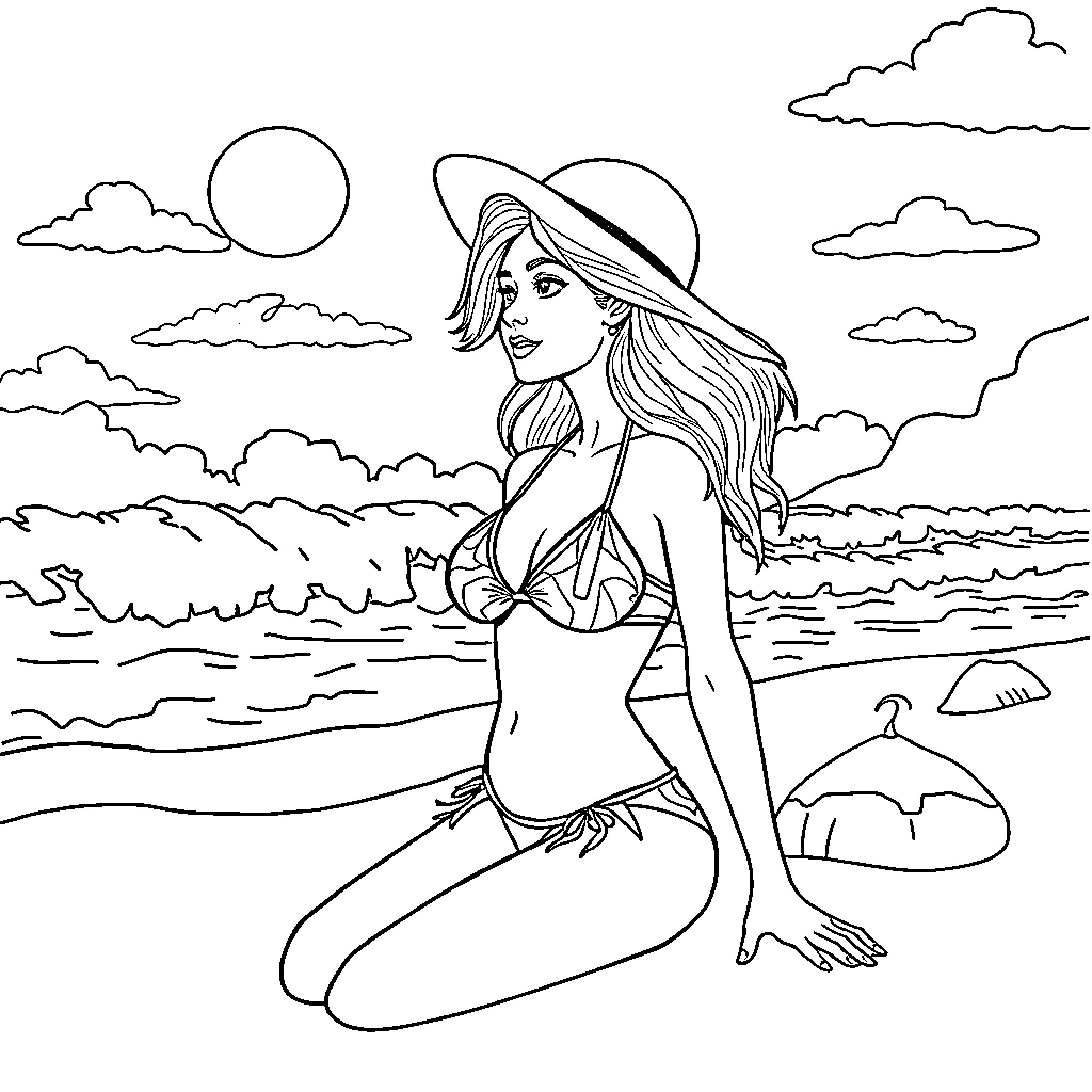Girl enjoying the beach on a sunny day Coloring Page (free black-and-white line drawing printable PDF for all, from beginners to advanced learners, including children, teens, adults, and seniors)