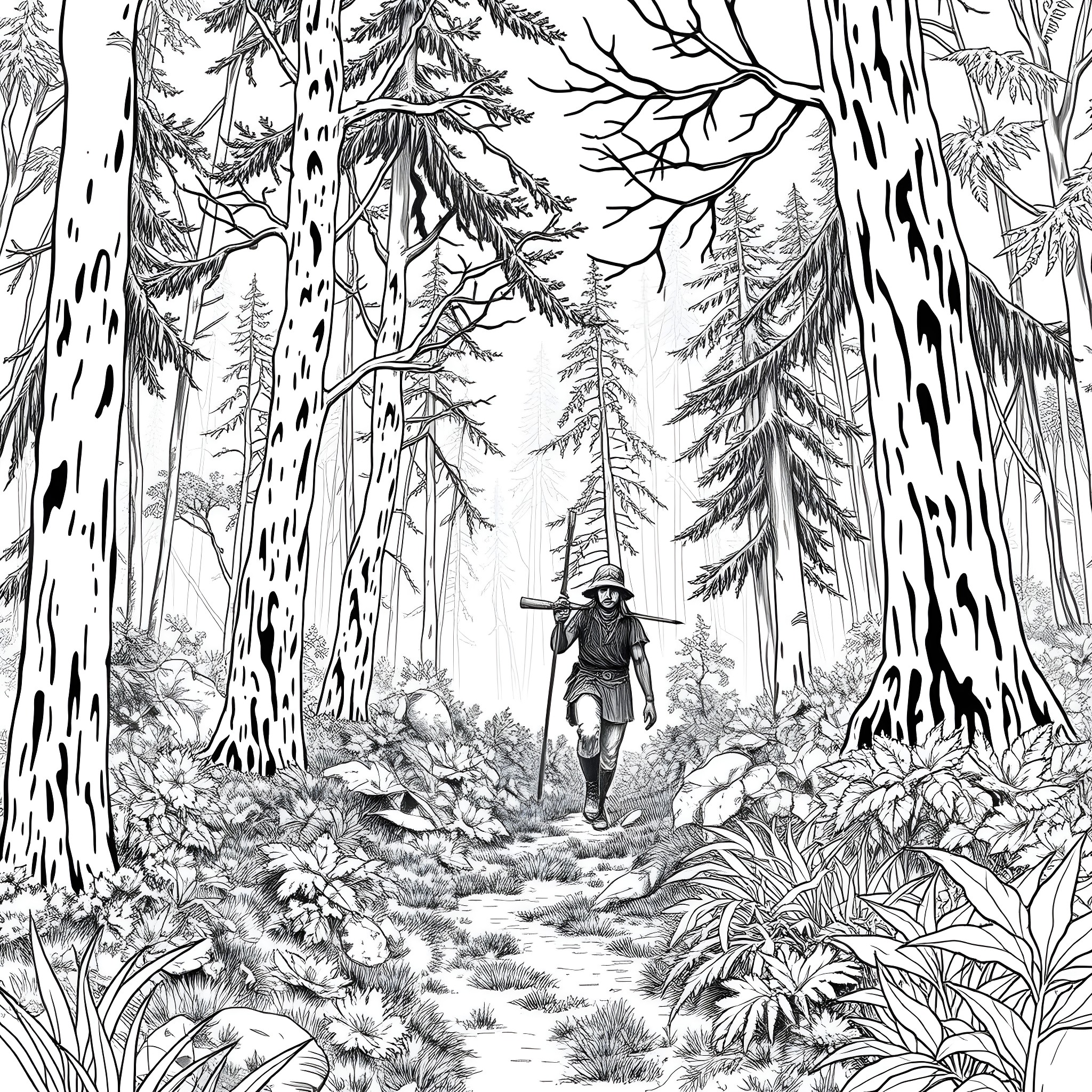 Hunter Navigating Through the Dense Forest Coloring Page (free black-and-white line drawing printable PDF for all, from beginners to advanced learners, including children, teens, adults, and seniors)