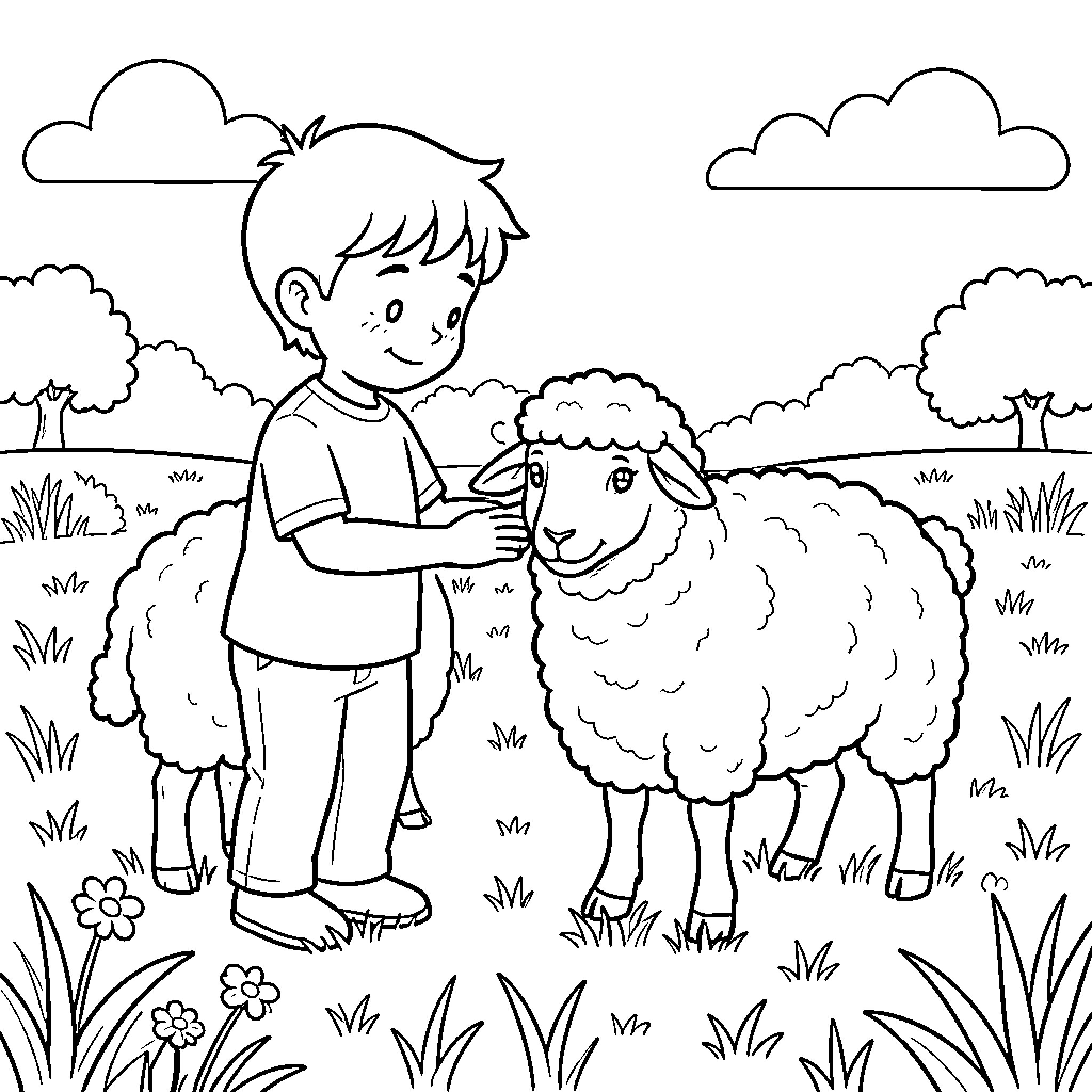Sheep being cared for by a child Coloring Page (free black-and-white line drawing printable PDF for all, from beginners to advanced learners, including children, teens, adults, and seniors)
