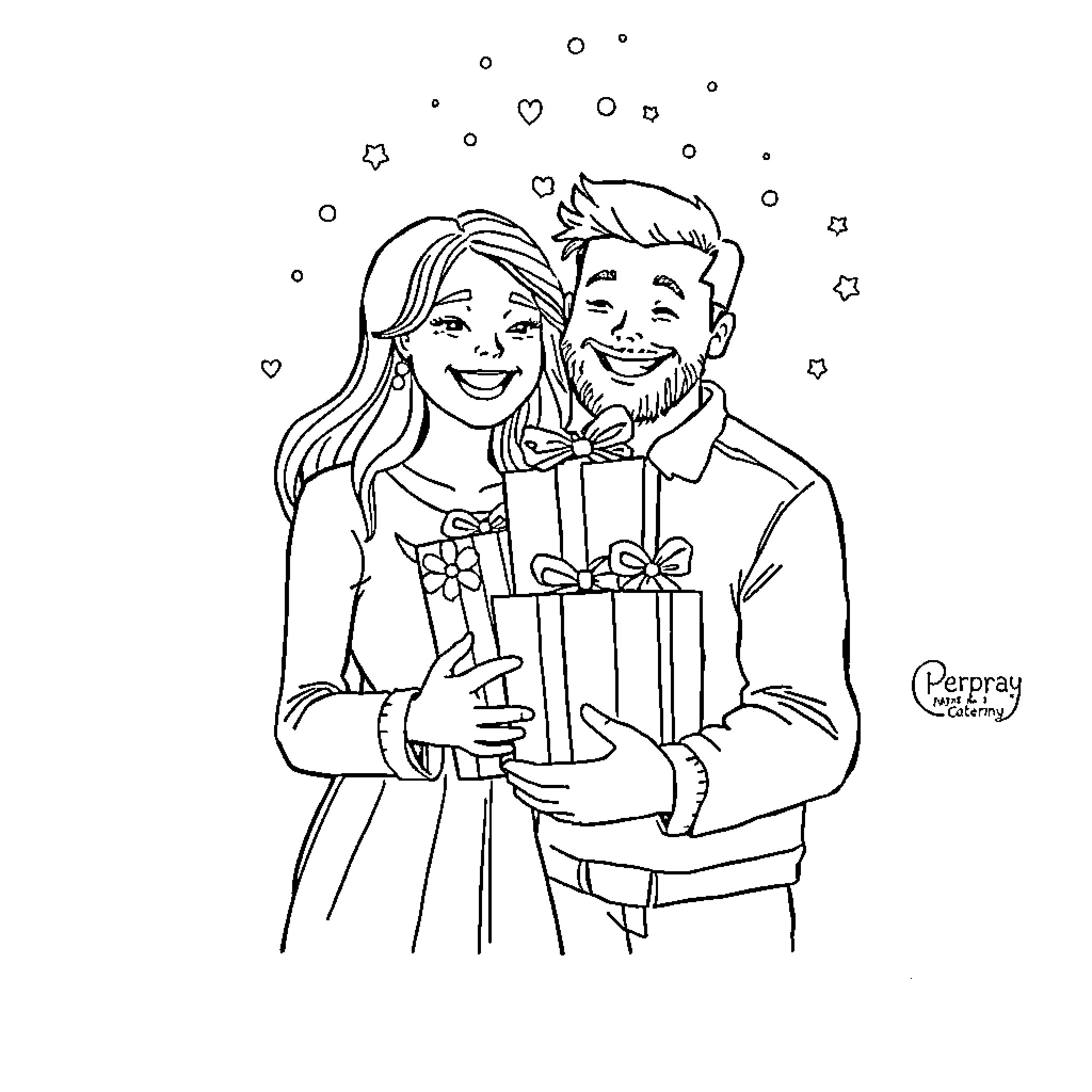 Wife and husband celebrating with gifts Coloring Page (free black-and-white line drawing printable PDF for all, from beginners to advanced learners, including children, teens, adults, and seniors)