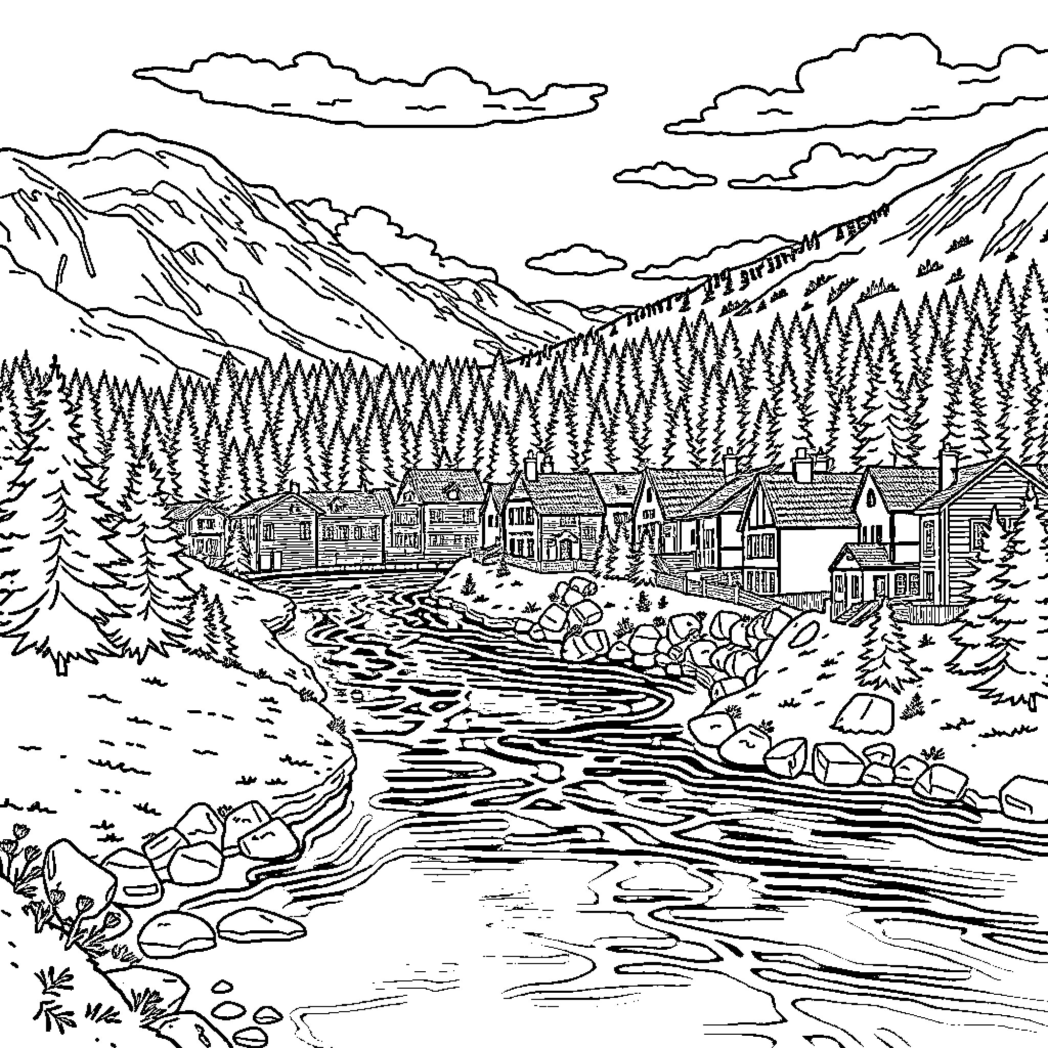 Älvdalen - Serene Mountain Town Landscape Coloring Page (free black-and-white line drawing printable PDF for all, from beginners to advanced learners, including children, teens, adults, and seniors)