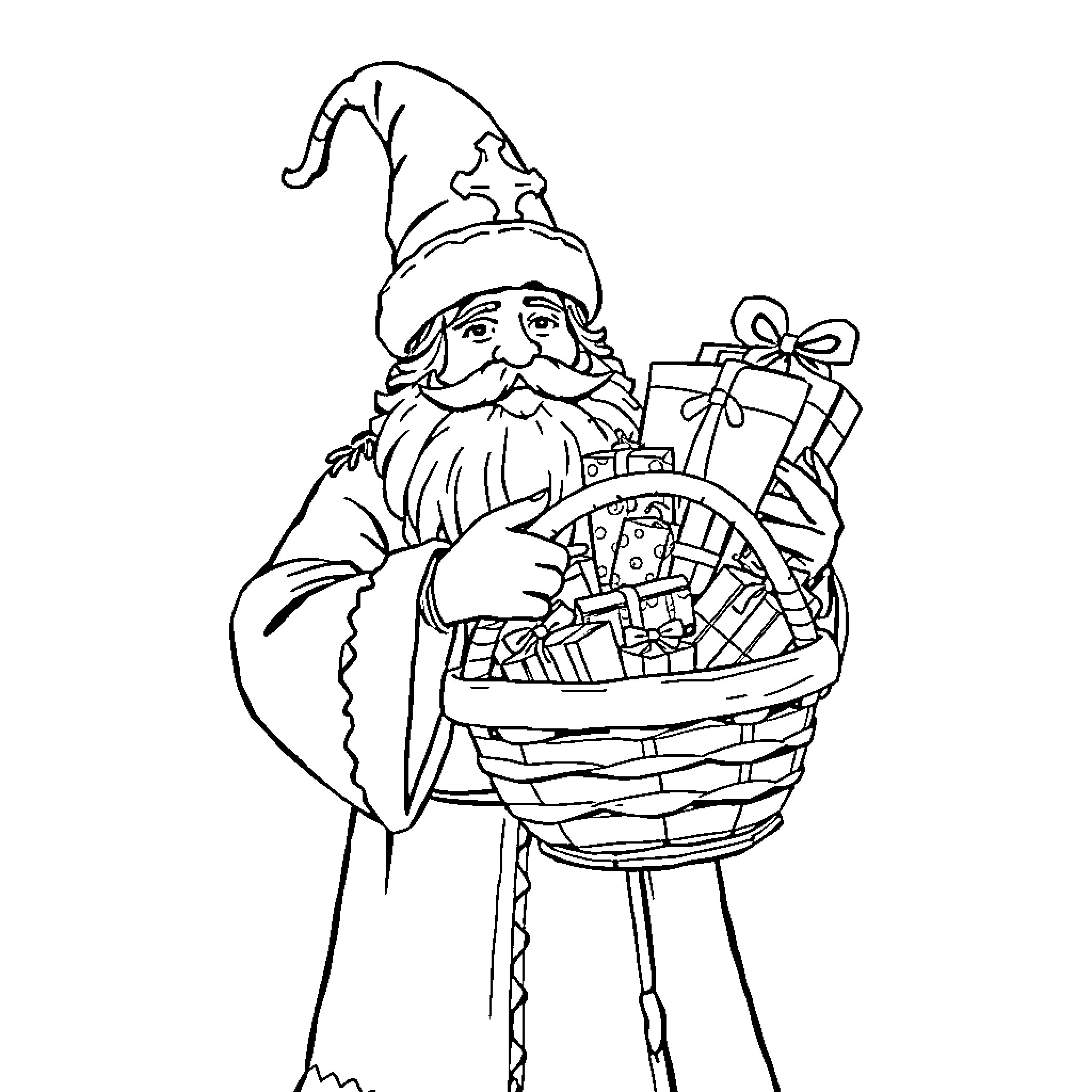 Sinterklaas delivering gifts in a basket Coloring Page (free black-and-white line drawing printable PDF for all, from beginners to advanced learners, including children, teens, adults, and seniors)