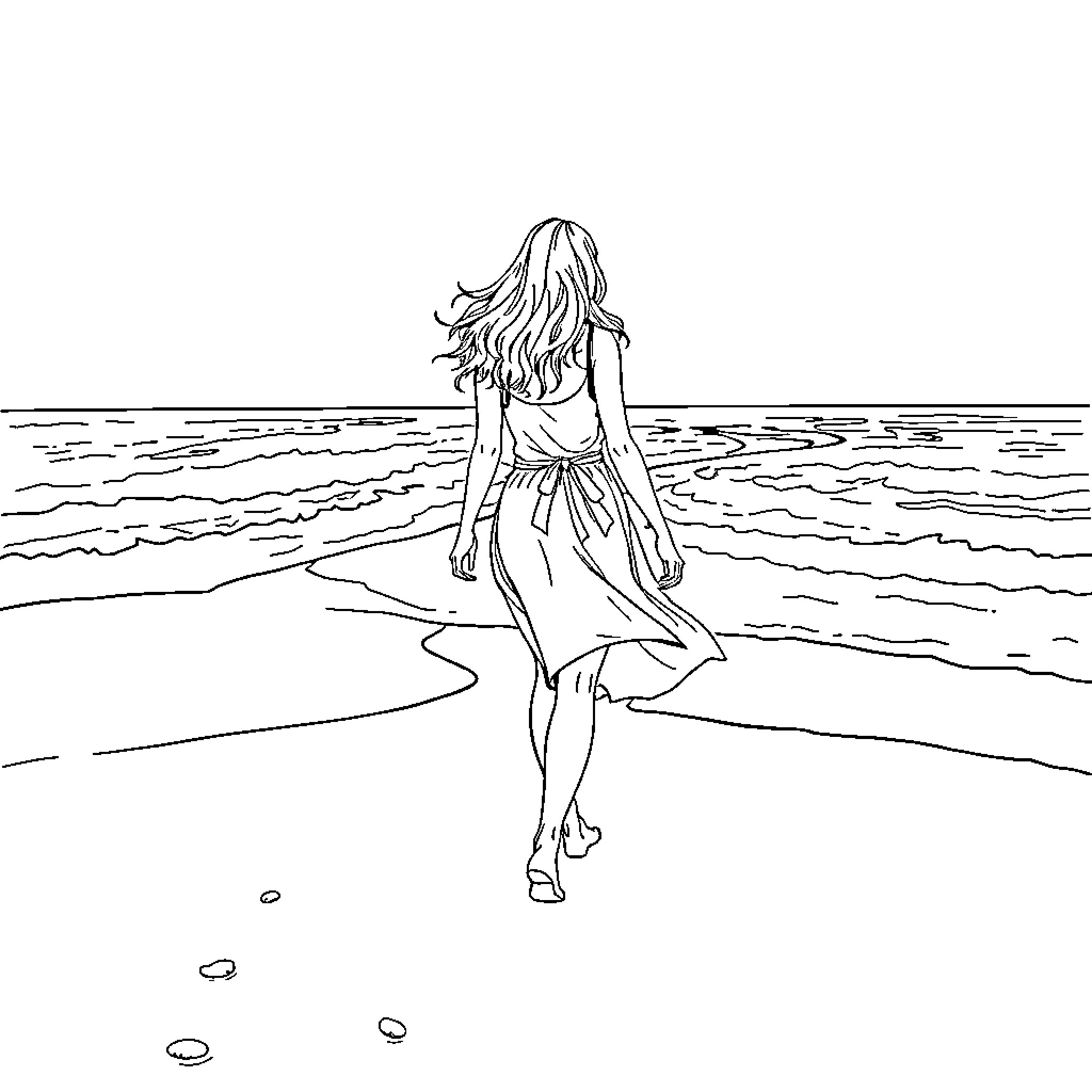 Woman walking alone on the beach Coloring Page (free black-and-white line drawing printable PDF for all, from beginners to advanced learners, including children, teens, adults, and seniors)