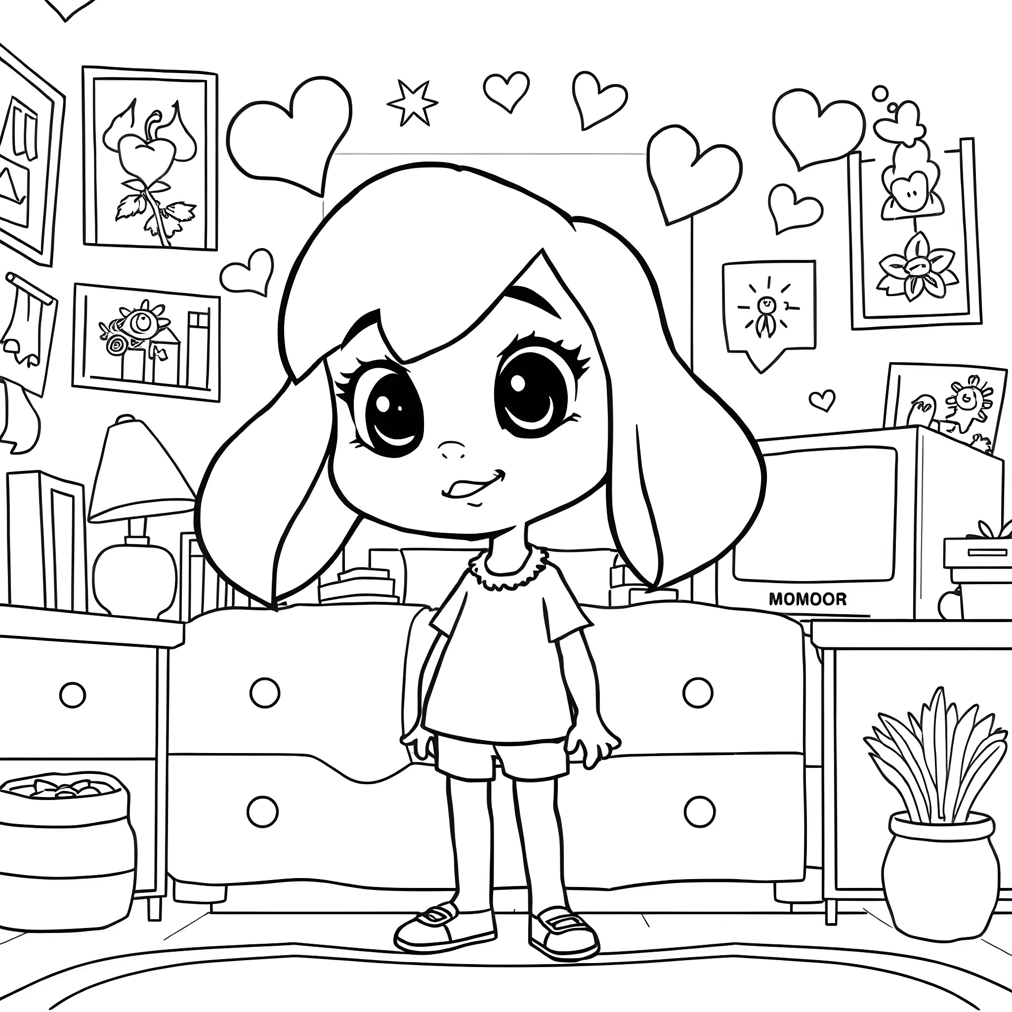 Riley's Cozy Room with Hearts and Flowers Coloring Page (free black-and-white line drawing printable PDF for all, from beginners to advanced learners, including children, teens, adults, and seniors)