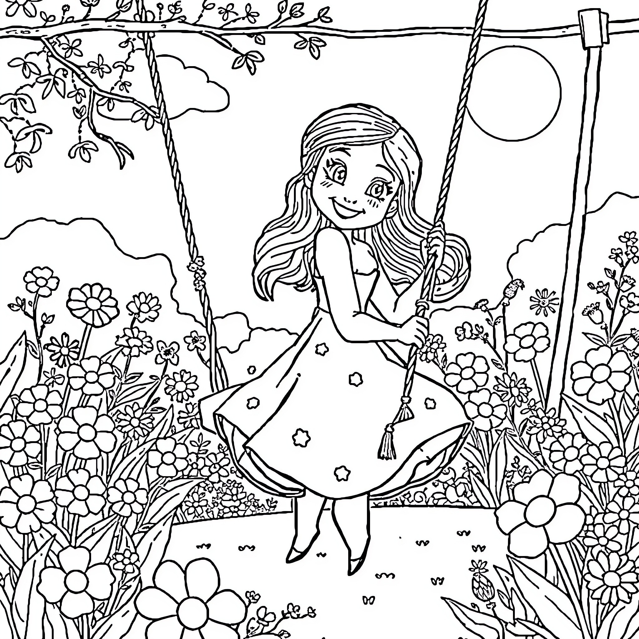 Elza enjoying a pleasant afternoon on the swing Coloring Page (free black-and-white line drawing printable PDF for all, from beginners to advanced learners, including children, teens, adults, and seniors)