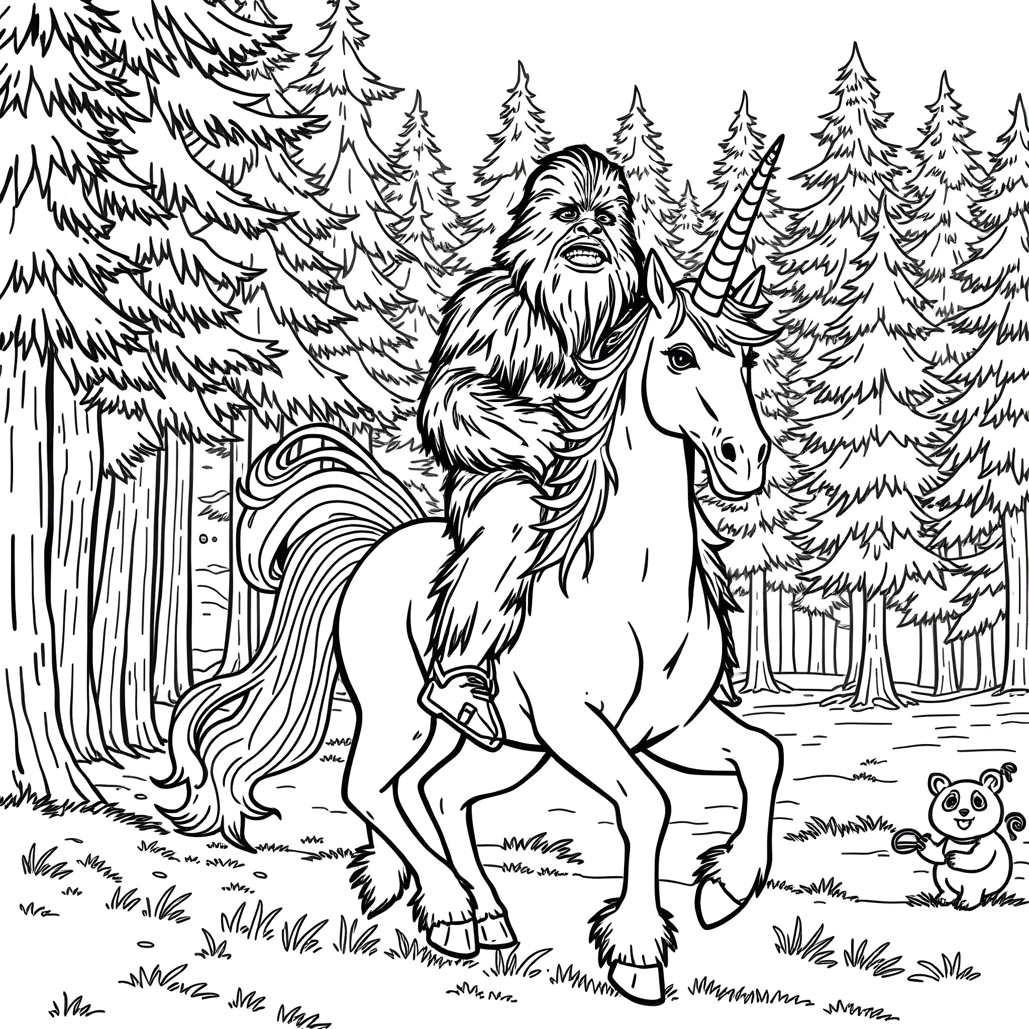 Chewbacca riding a majestic unicorn in a forest Coloring Page (free black-and-white line drawing printable PDF for all, from beginners to advanced learners, including children, teens, adults, and seniors)