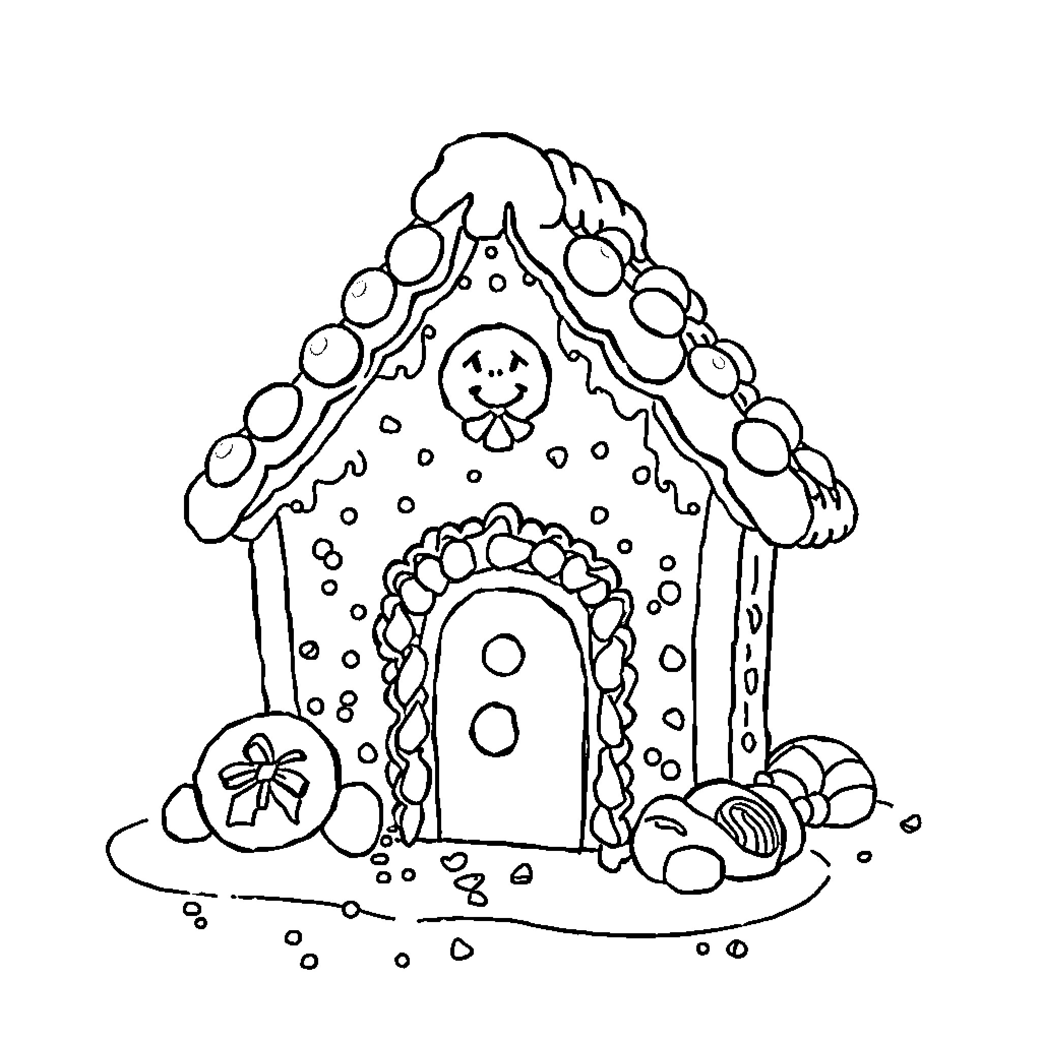 Gingerbread House with Decorative Details Coloring Page (free black-and-white line drawing printable PDF for all, from beginners to advanced learners, including children, teens, adults, and seniors)