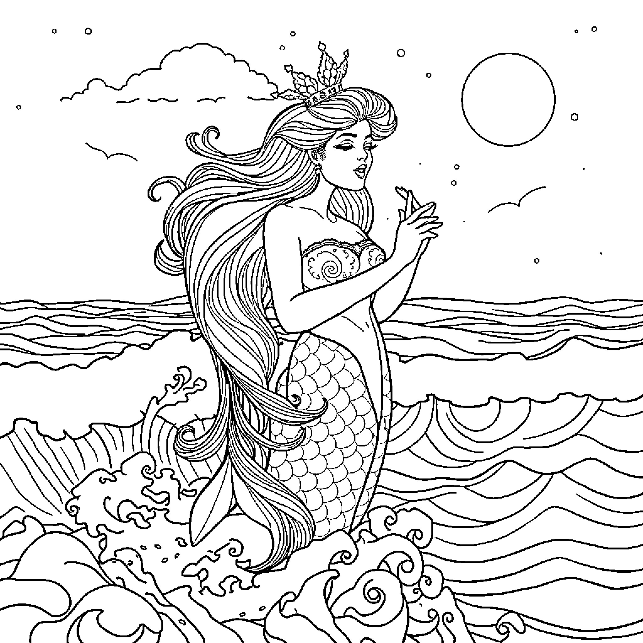 Siren Enchanting the Sea with Mystical Allure Coloring Page (free black-and-white line drawing printable PDF for all, from beginners to advanced learners, including children, teens, adults, and seniors)
