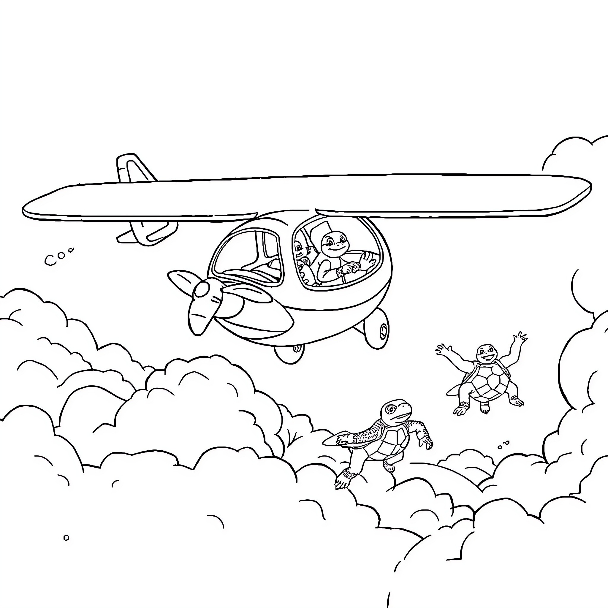 Avión volando con animales en la nube Coloring Page (free black-and-white line drawing printable PDF for all, from beginners to advanced learners, including children, teens, adults, and seniors)