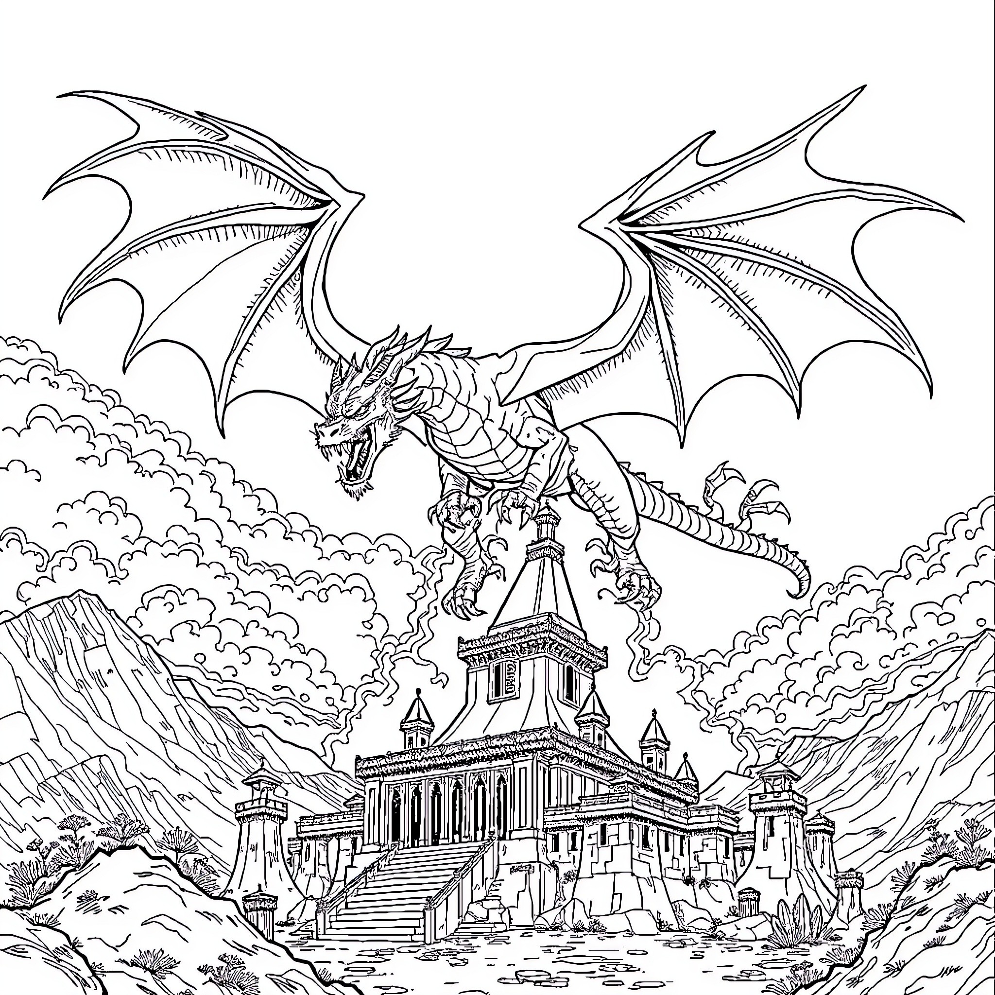 Dragon soaring above a majestic castle in the clouds Coloring Page (free black-and-white line drawing printable PDF for all, from beginners to advanced learners, including children, teens, adults, and seniors)