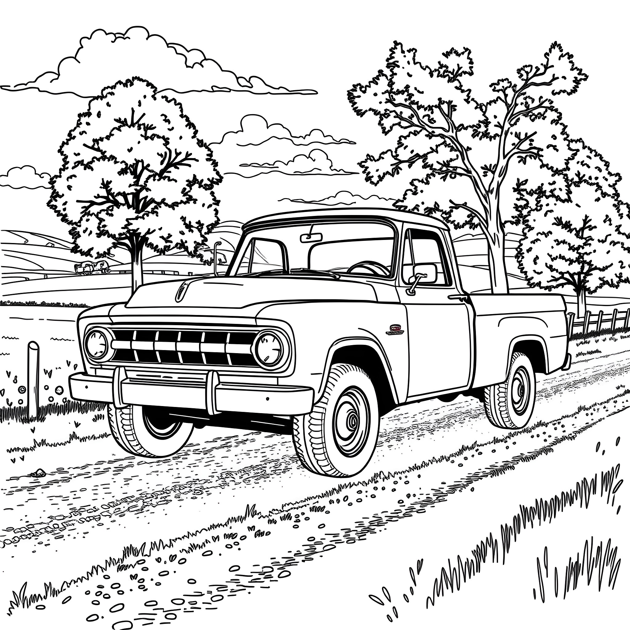 Pickup truck on country road with trees Coloring Page (free black-and-white line drawing printable PDF for all, from beginners to advanced learners, including children, teens, adults, and seniors)
