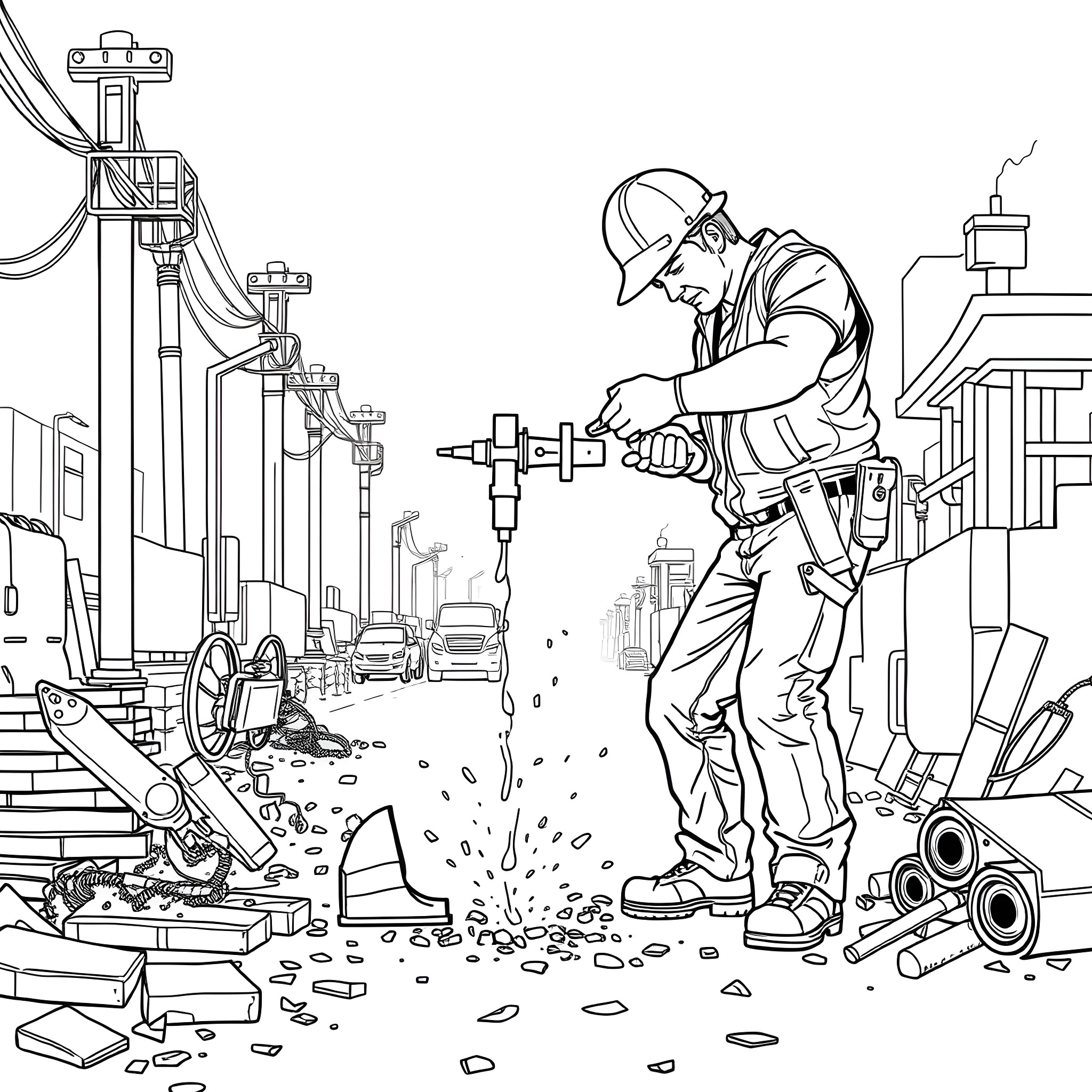 Worker Constructing a Building with Construction Tools Coloring Page (free black-and-white line drawing printable PDF for all, from beginners to advanced learners, including children, teens, adults, and seniors)