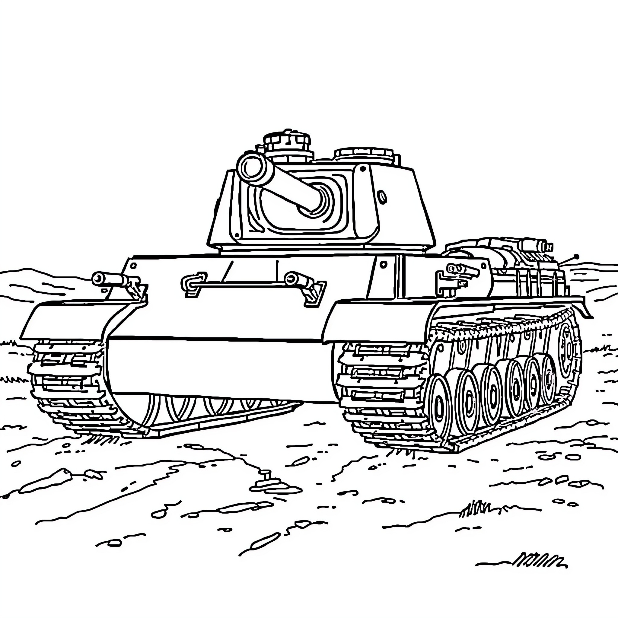 Panzer III tank advancing through the battlefield Coloring Page (free black-and-white line drawing printable PDF for all, from beginners to advanced learners, including children, teens, adults, and seniors)