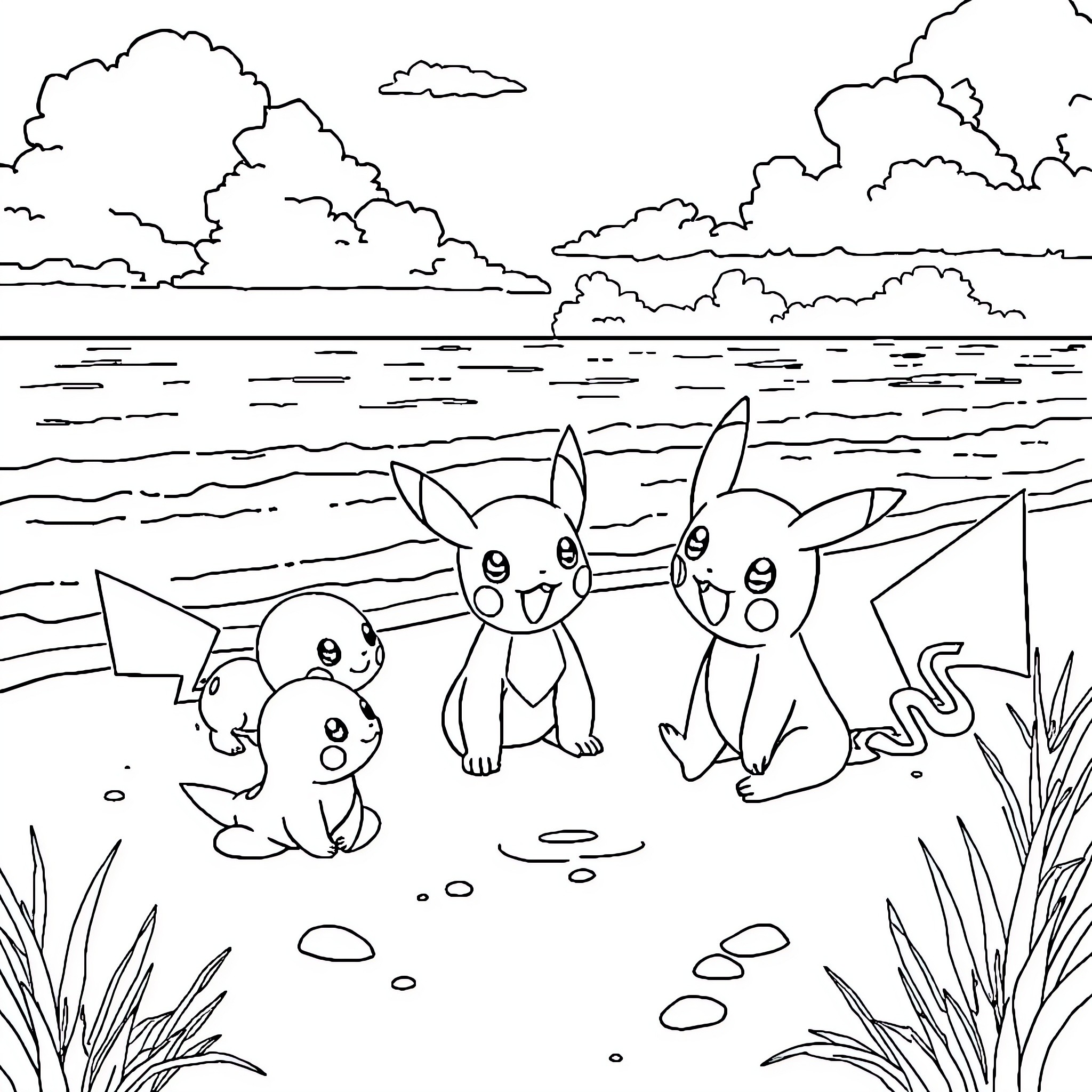 Pokémon enjoying a day at the beach Coloring Page (free black-and-white line drawing printable PDF for all, from beginners to advanced learners, including children, teens, adults, and seniors)