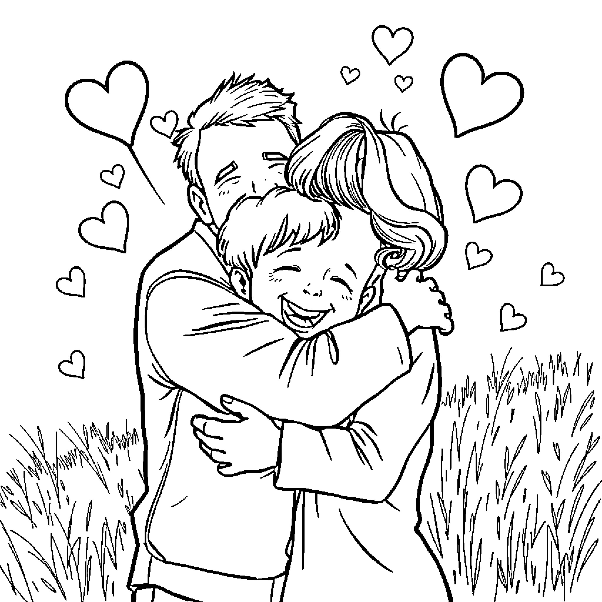 Family Embracing with Love and Affection Coloring Page (free black-and-white line drawing printable PDF for all, from beginners to advanced learners, including children, teens, adults, and seniors)