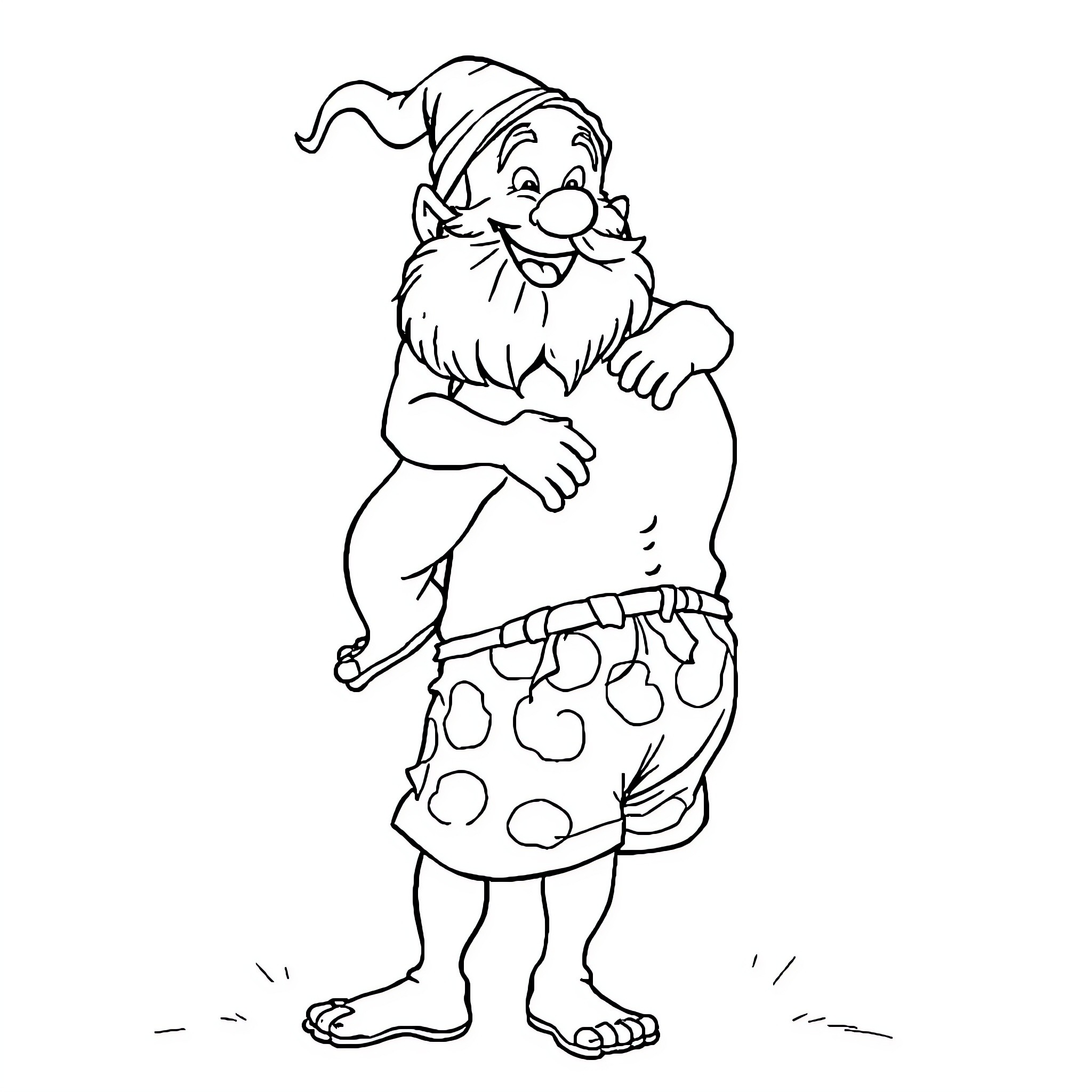 Dwarf with humorous expression and colorful outfit Coloring Page (free black-and-white line drawing printable PDF for all, from beginners to advanced learners, including children, teens, adults, and seniors)