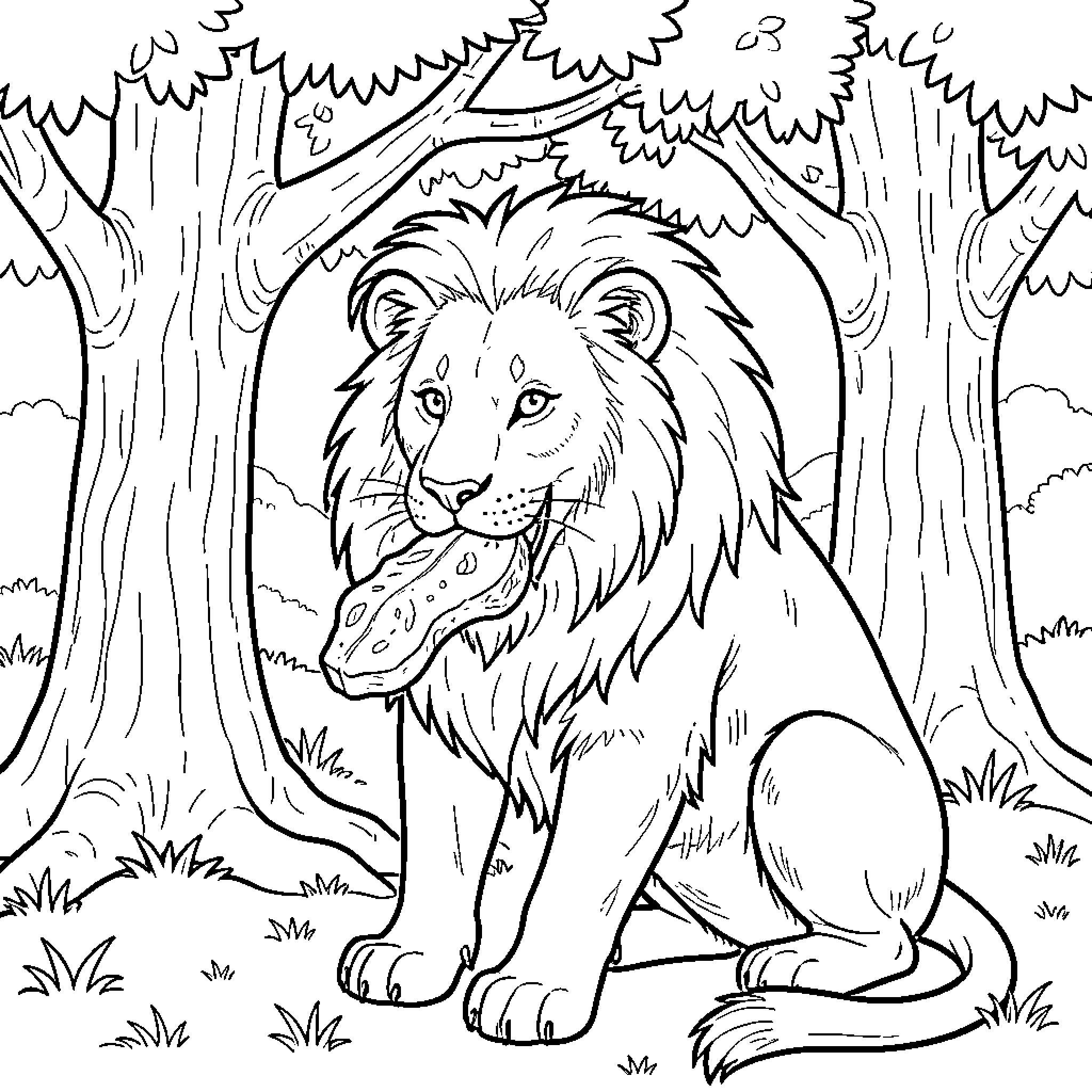 Lion resting in the forest Coloring Page (free black-and-white line drawing printable PDF for all, from beginners to advanced learners, including children, teens, adults, and seniors)