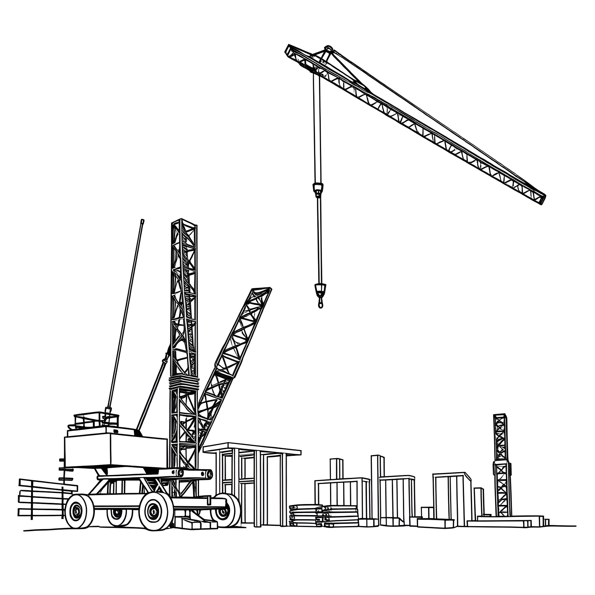 Crane lifting heavy machinery at construction site Coloring Page (free black-and-white line drawing printable PDF for all, from beginners to advanced learners, including children, teens, adults, and seniors)