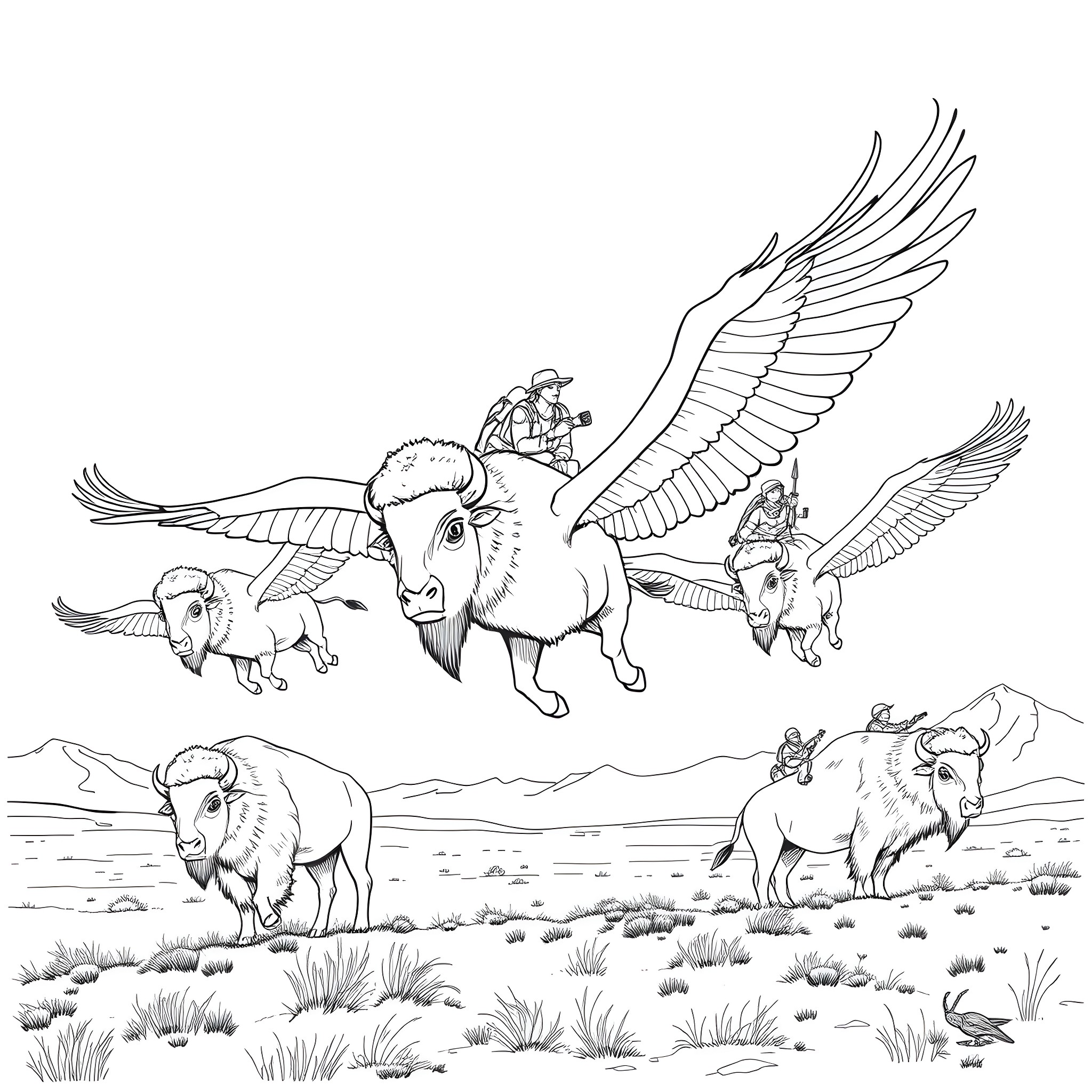 Bison soaring with winged companions in the prairie Coloring Page (free black-and-white line drawing printable PDF for all, from beginners to advanced learners, including children, teens, adults, and seniors)