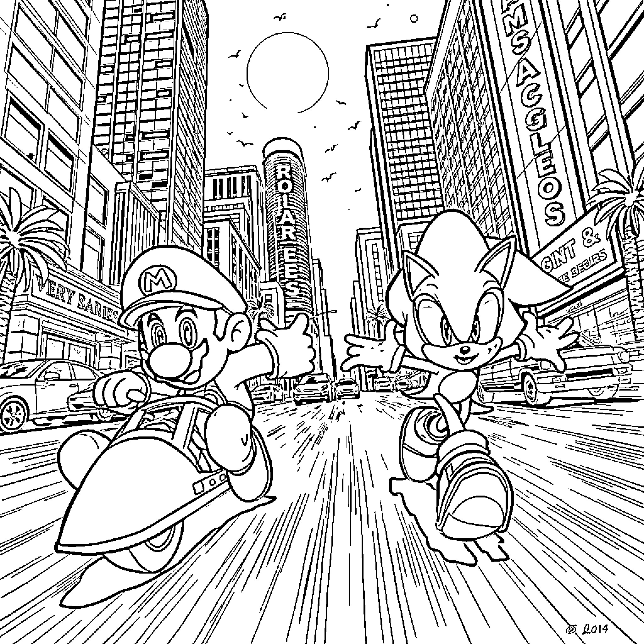Mario and Sonic racing through the city Coloring Page (free black-and-white line drawing printable PDF for all, from beginners to advanced learners, including children, teens, adults, and seniors)