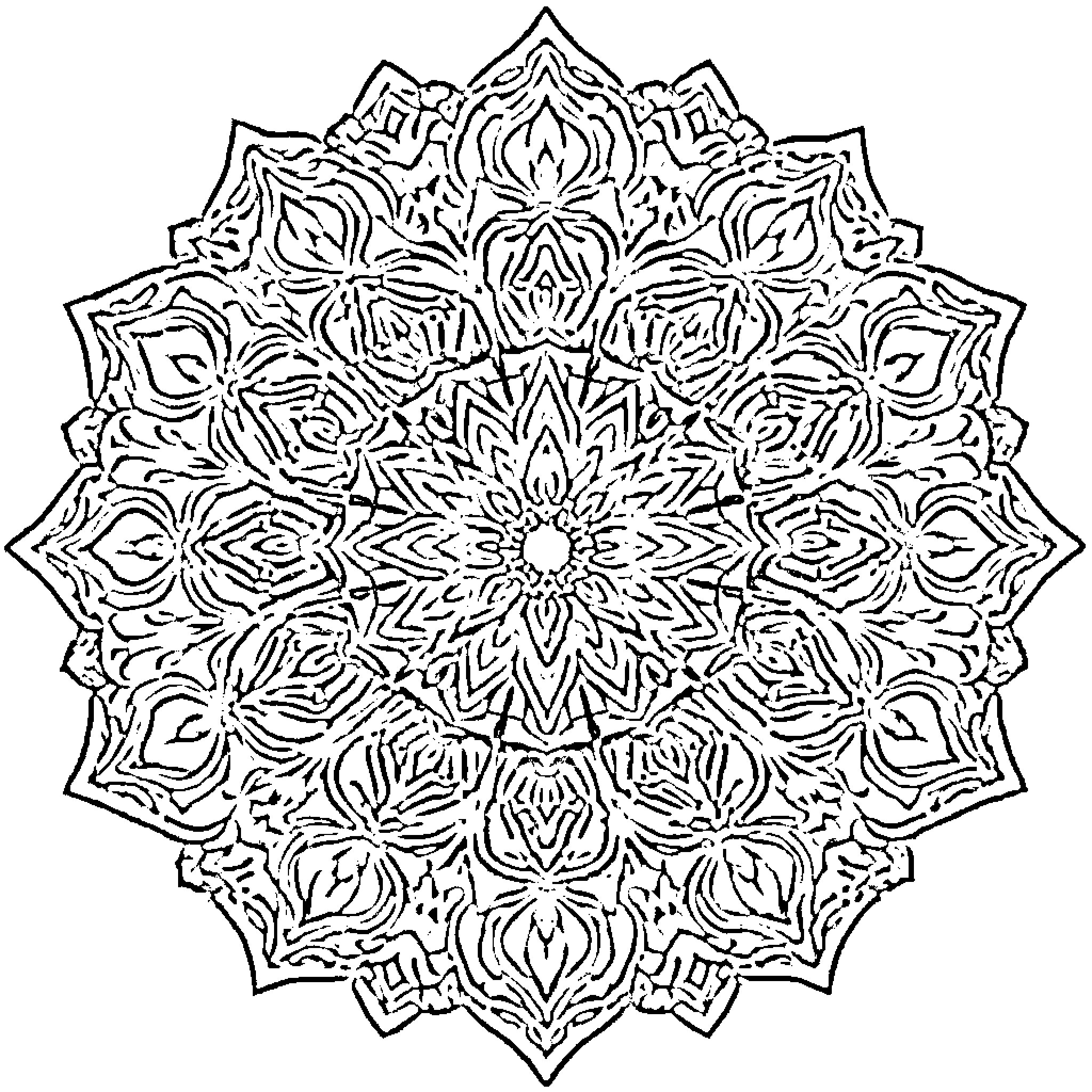 Mandala of intricate floral patterns Coloring Page (free black-and-white line drawing printable PDF for all, from beginners to advanced learners, including children, teens, adults, and seniors)