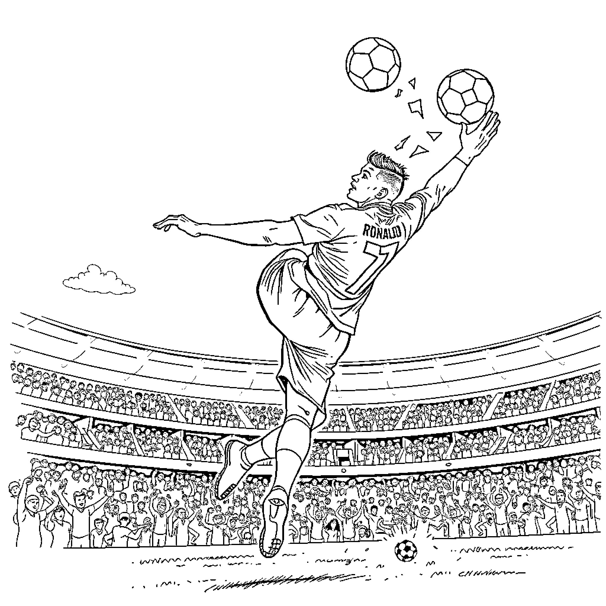 Cristiano Ronaldo's spectacular bicycle kick in the stadium Coloring Page (free black-and-white line drawing printable PDF for all, from beginners to advanced learners, including children, teens, adults, and seniors)