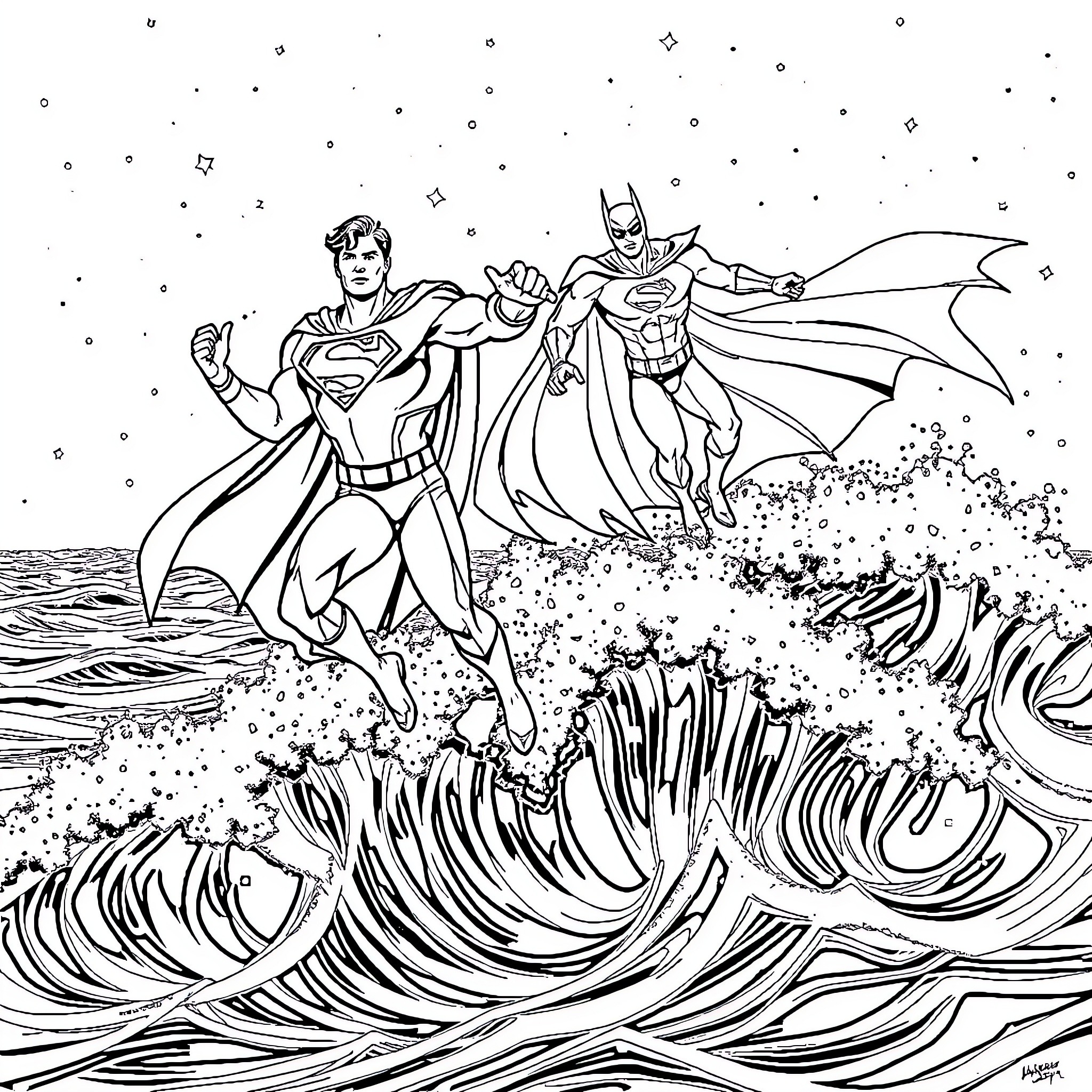 Superman and Batman facing waves and stars Coloring Page (free black-and-white line drawing printable PDF for all, from beginners to advanced learners, including children, teens, adults, and seniors)