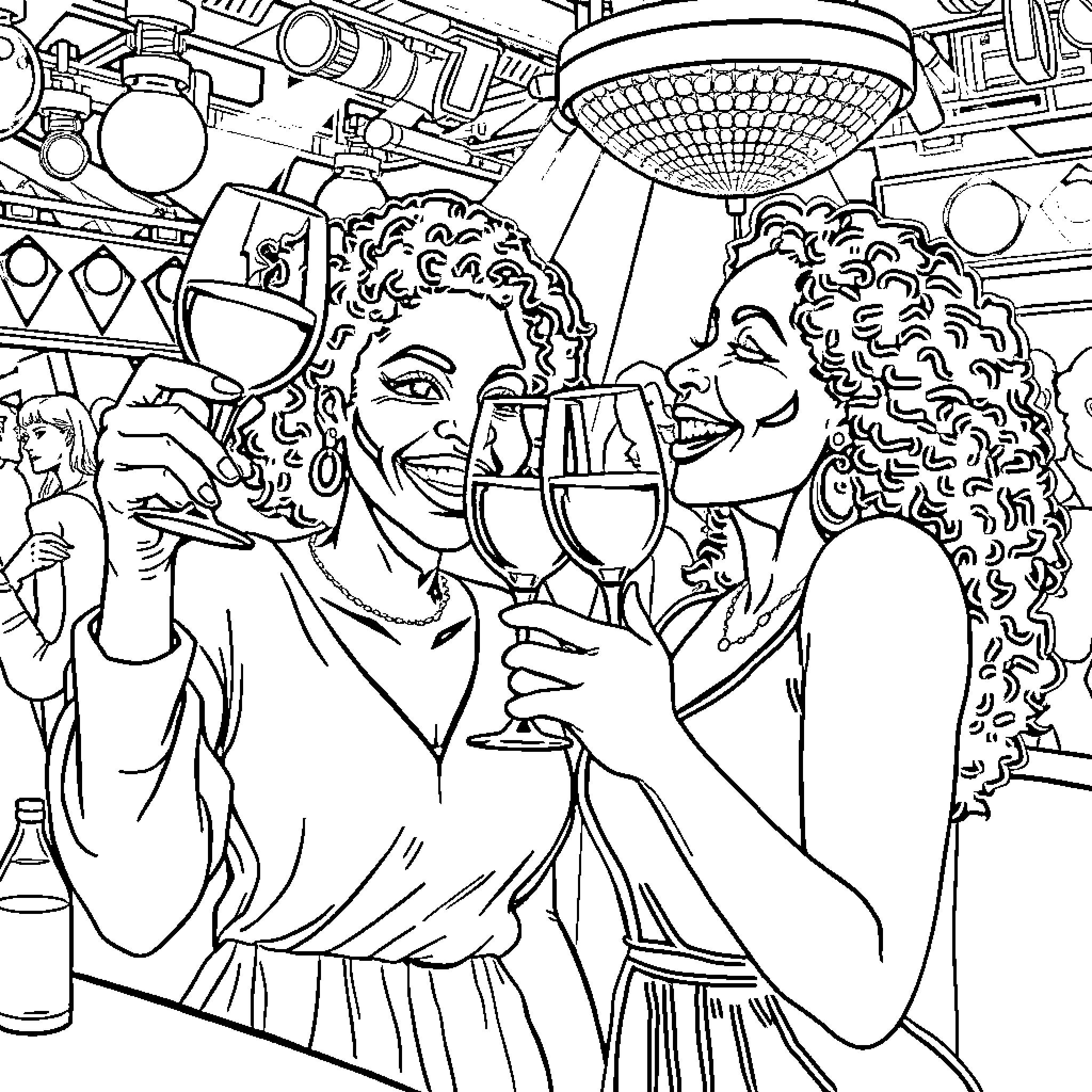 Females Celebrating with Wine and Conversation Coloring Page (free black-and-white line drawing printable PDF for all, from beginners to advanced learners, including children, teens, adults, and seniors)