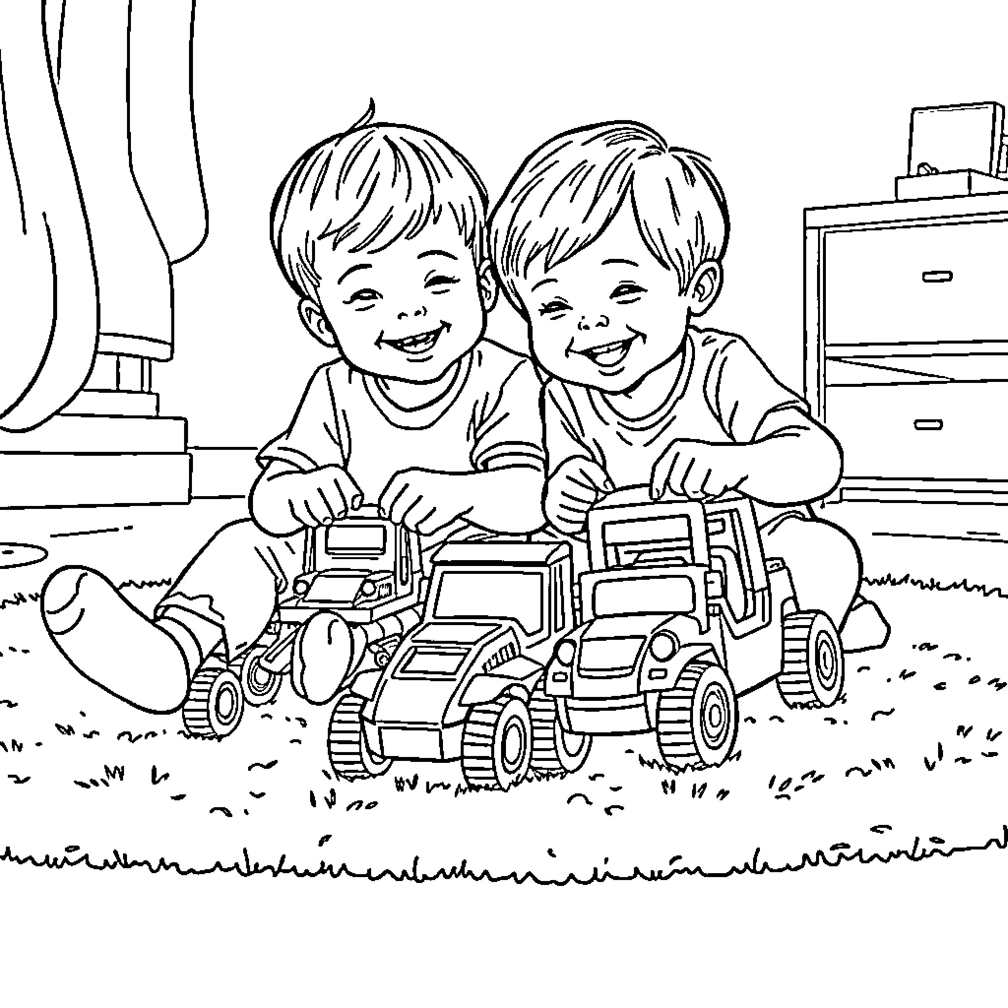 Car-Loving Boys Playing with Toy Trucks Coloring Page (free black-and-white line drawing printable PDF for all, from beginners to advanced learners, including children, teens, adults, and seniors)