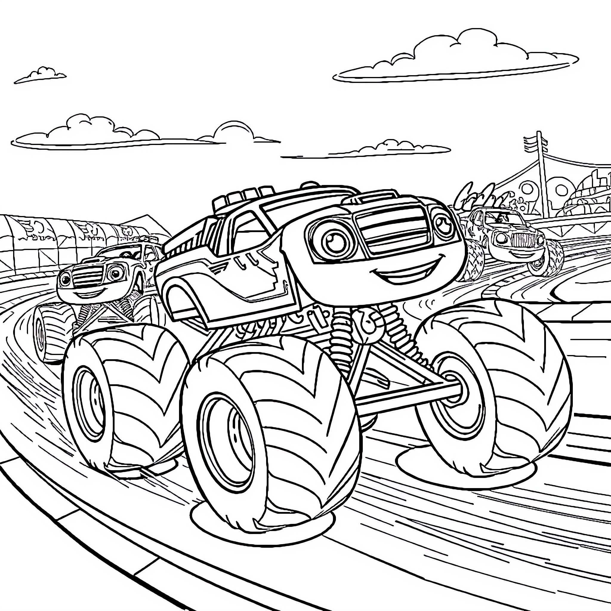 Blaze and the Monster Machines Races Through the Track Coloring Page (free black-and-white line drawing printable PDF for all, from beginners to advanced learners, including children, teens, adults, and seniors)