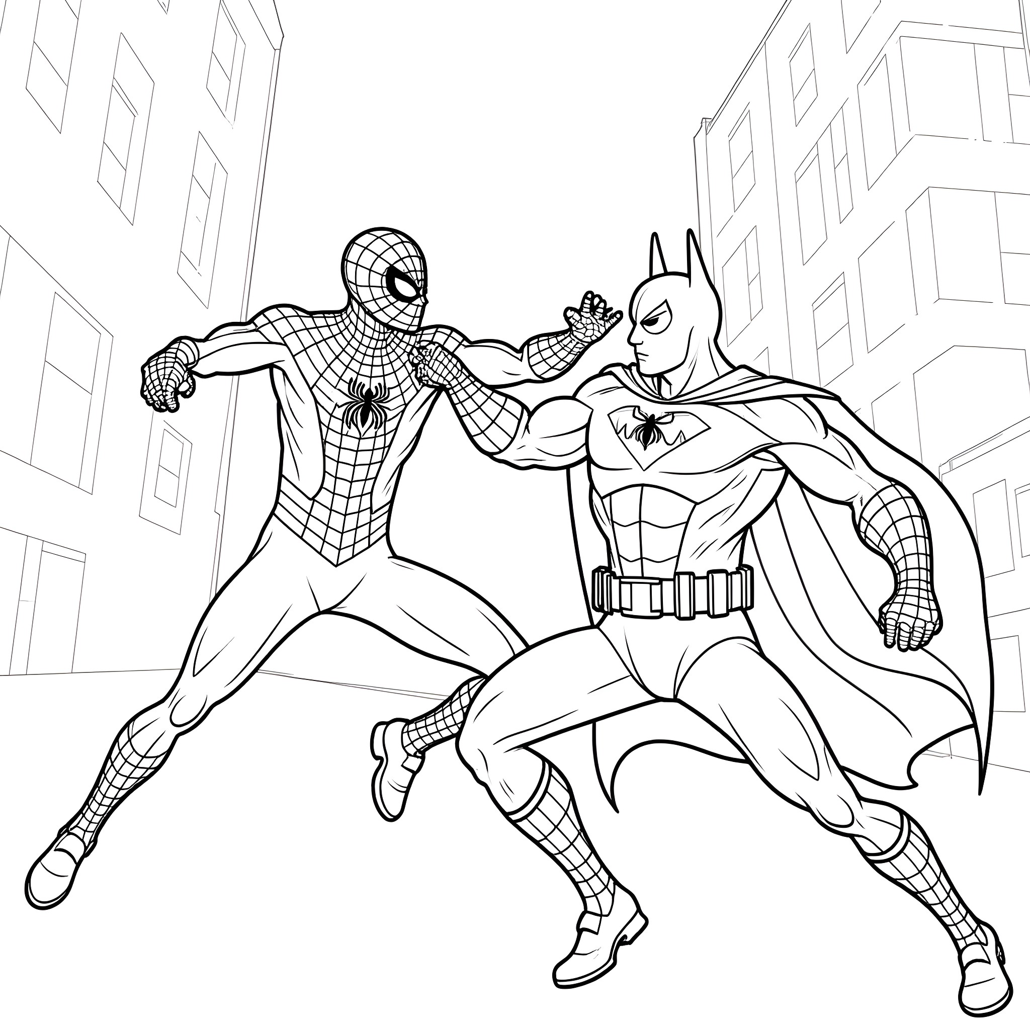 Spider-Man and Batman team up in the city Coloring Page (free black-and-white line drawing printable PDF for all, from beginners to advanced learners, including children, teens, adults, and seniors)