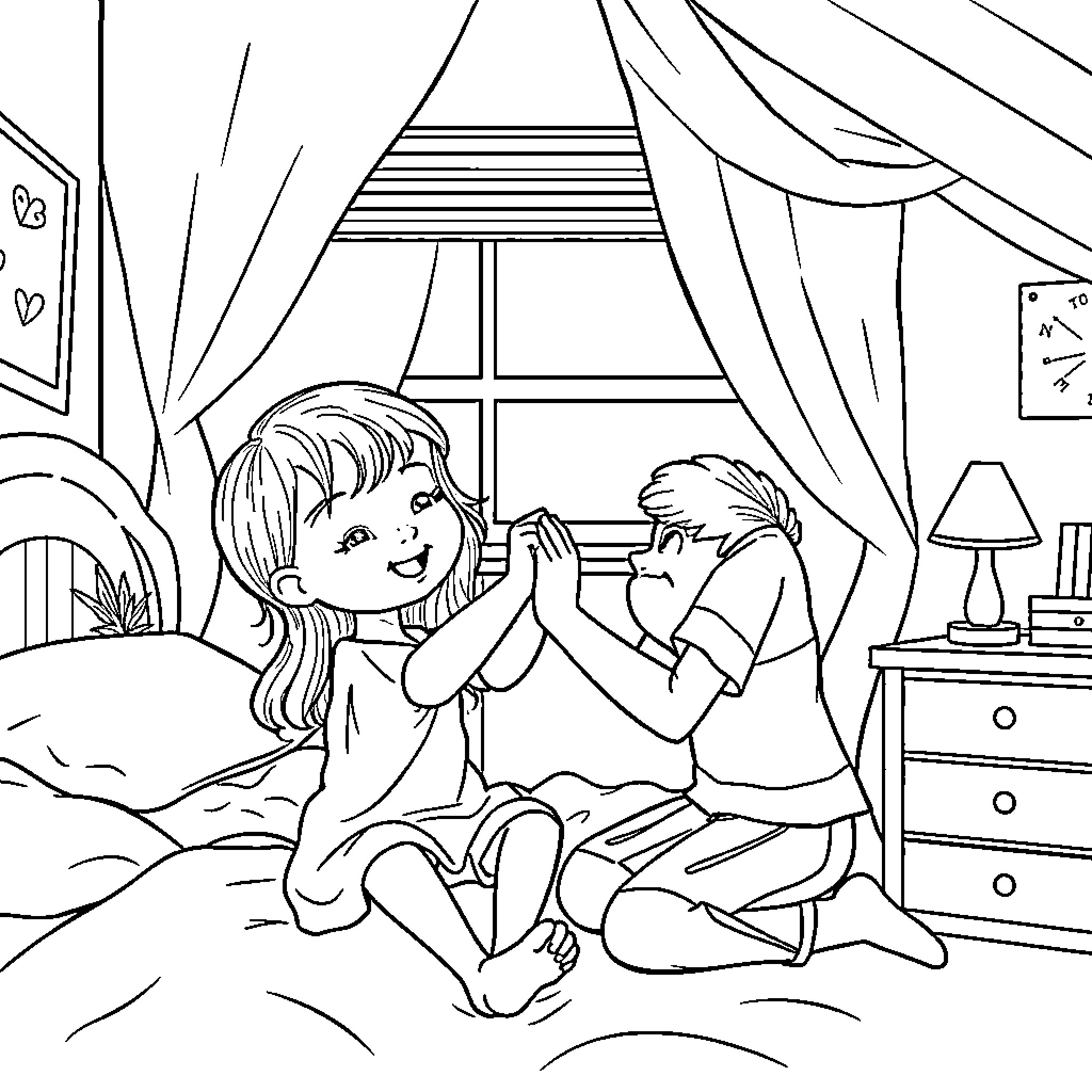Siblings sharing a moment of joy and comfort Coloring Page (free black-and-white line drawing printable PDF for all, from beginners to advanced learners, including children, teens, adults, and seniors)
