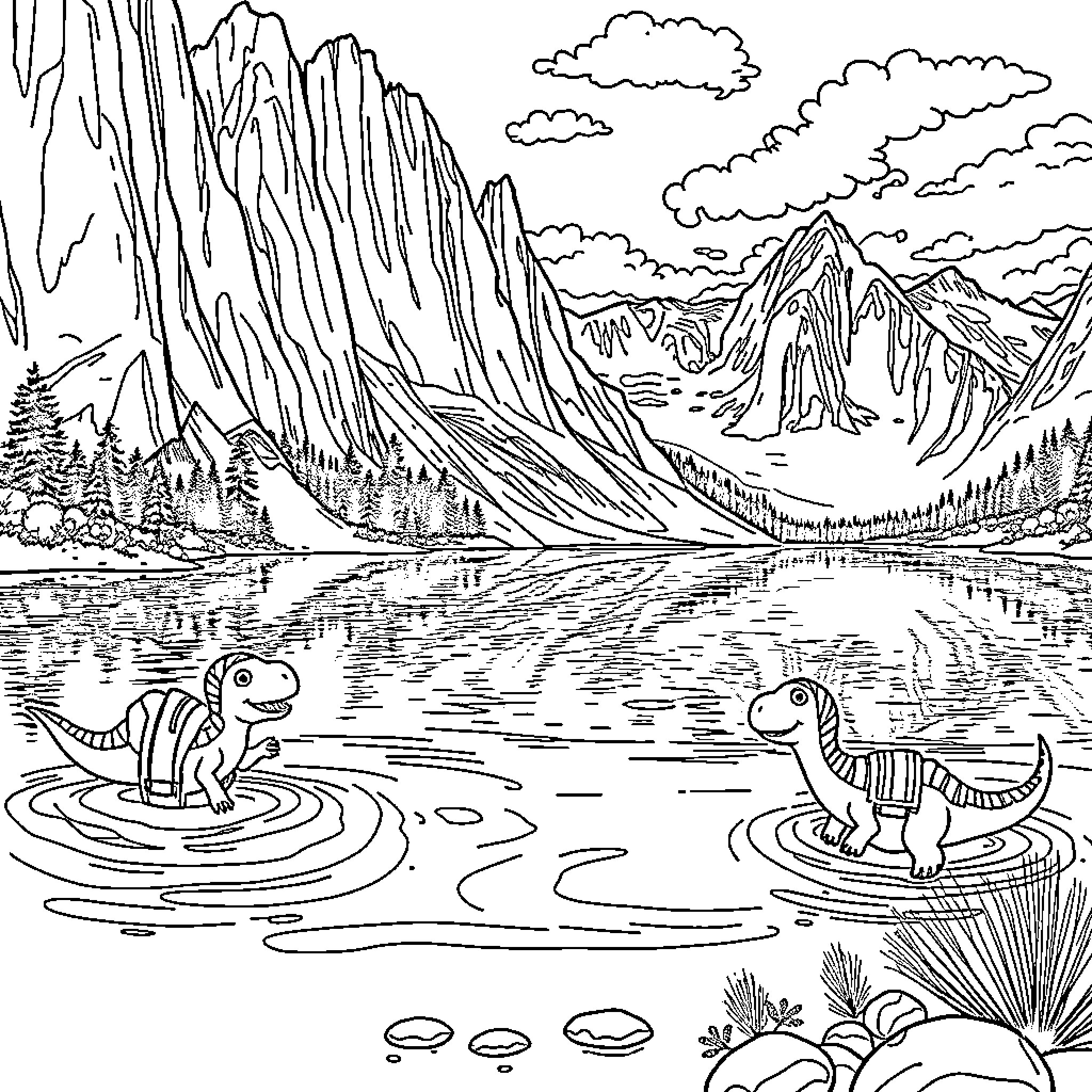 Dinosaurs swimming in a scenic mountain lake Coloring Page (free black-and-white line drawing printable PDF for all, from beginners to advanced learners, including children, teens, adults, and seniors)