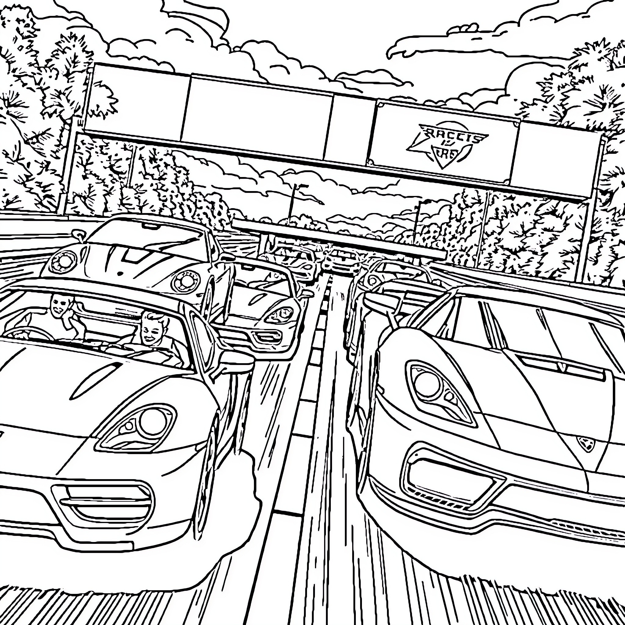Need for Speed: Thrilling Race on the Open Road Coloring Page (free black-and-white line drawing printable PDF for all, from beginners to advanced learners, including children, teens, adults, and seniors)