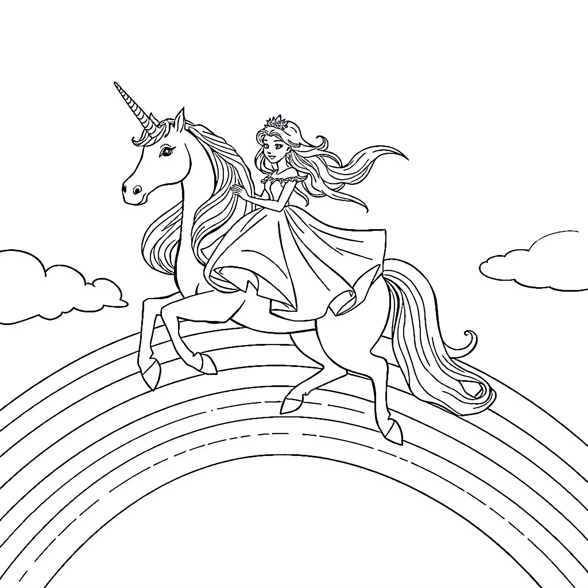 Princess Riding Majestic Unicorn over Colorful Rainbow Coloring Page (free black-and-white line drawing printable PDF for all, from beginners to advanced learners, including children, teens, adults, and seniors)