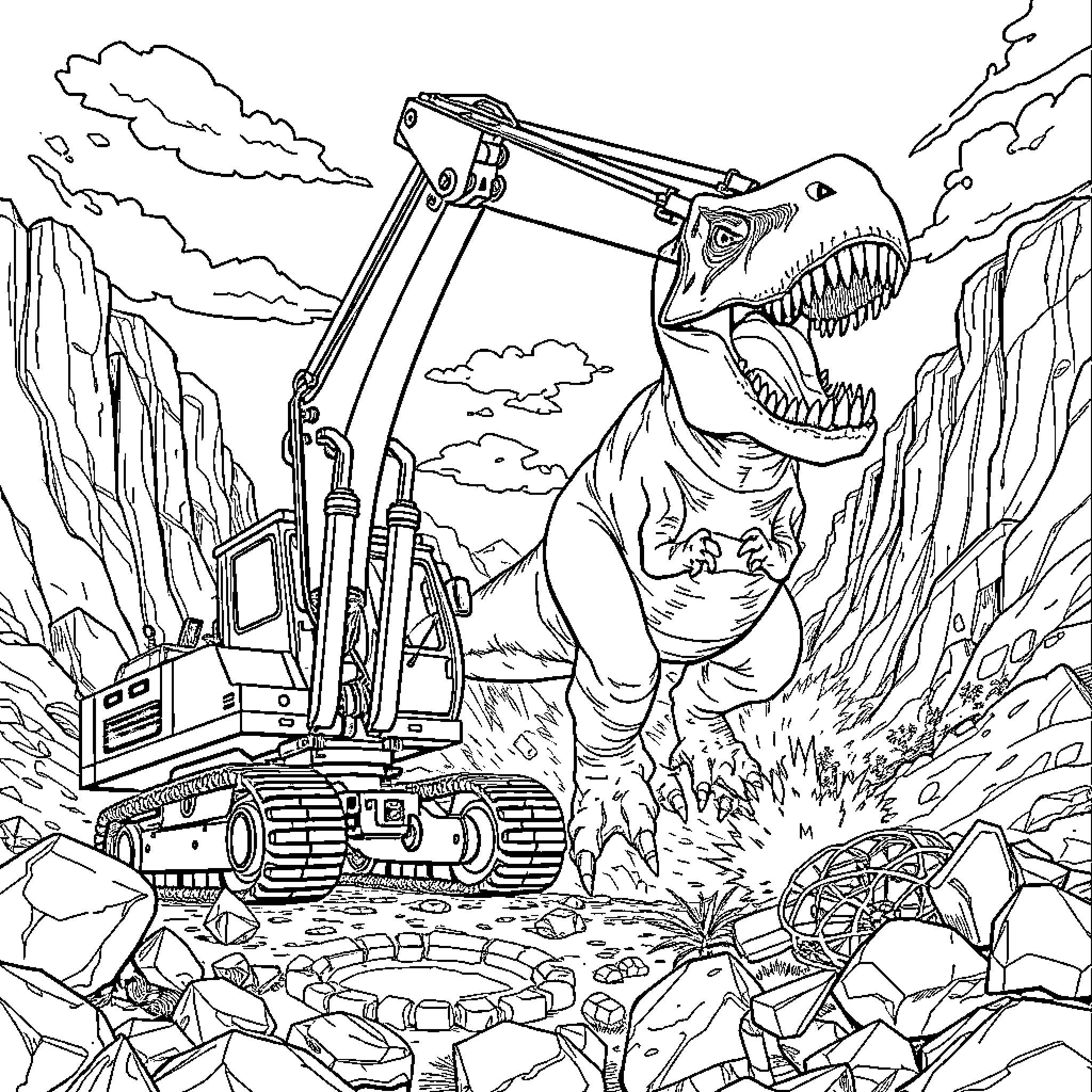 Excavator Operator Encounters Prehistoric Dinosaur Coloring Page (free black-and-white line drawing printable PDF for all, from beginners to advanced learners, including children, teens, adults, and seniors)