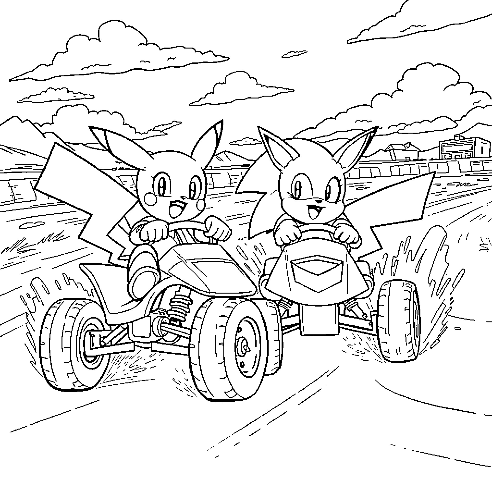 Sonic characters racing on quad bikes in scenic landscape Coloring Page (free black-and-white line drawing printable PDF for all, from beginners to advanced learners, including children, teens, adults, and seniors)