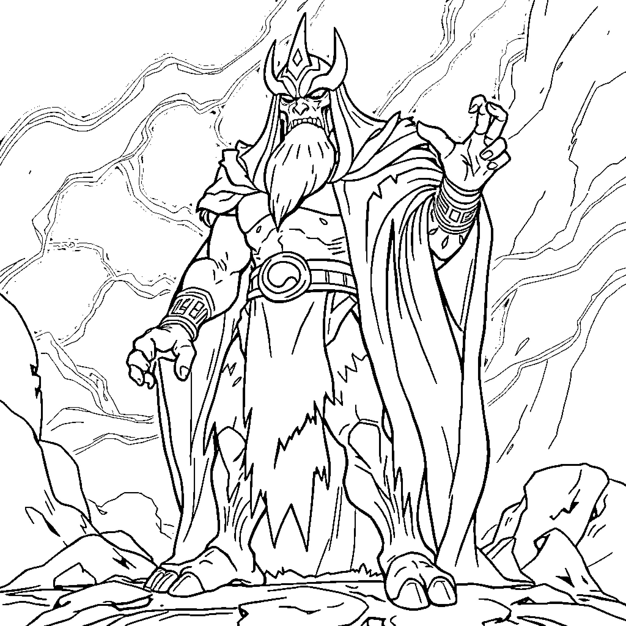 Mumm-Ra, the Ancient Everliving, Casting Powerful Spells Coloring Page (free black-and-white line drawing printable PDF for all, from beginners to advanced learners, including children, teens, adults, and seniors)