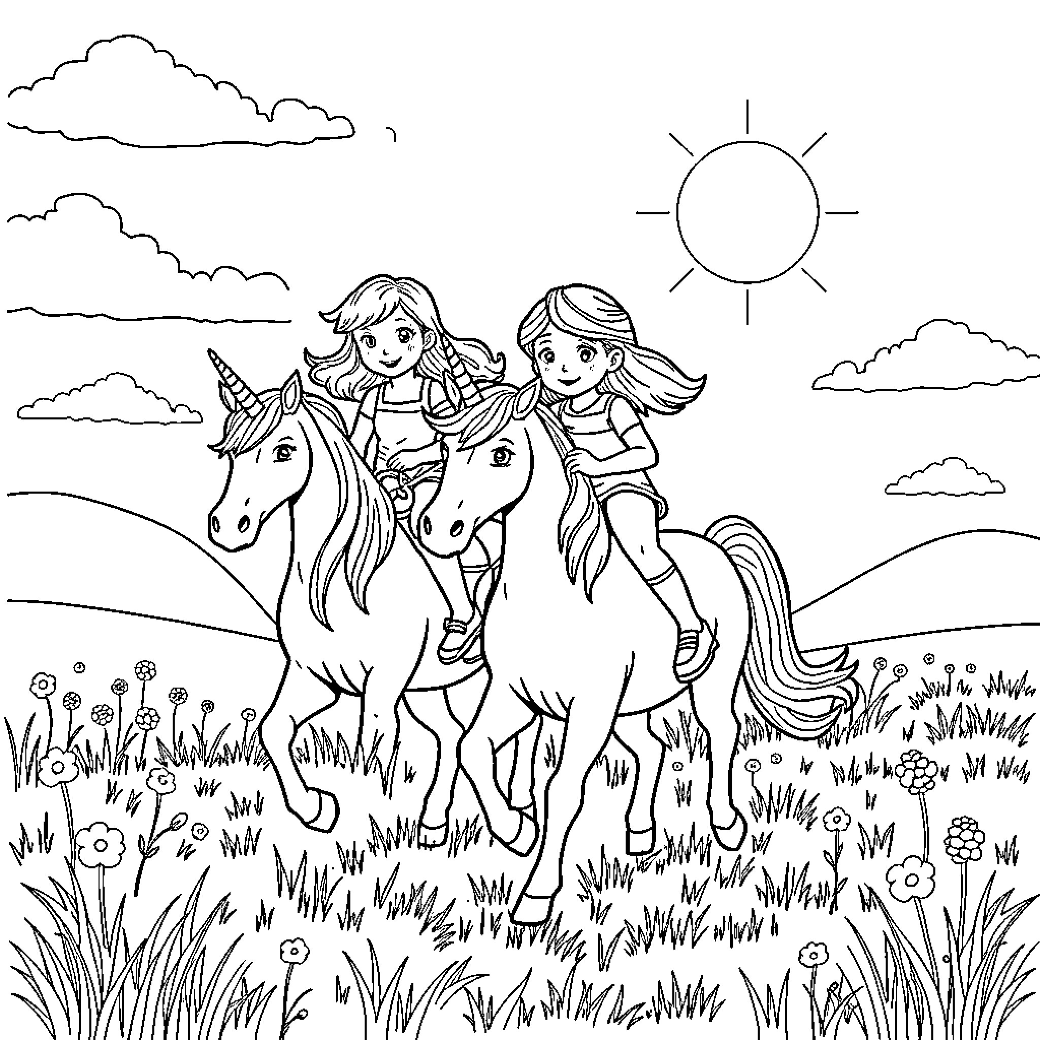 Girls riding unicorns in a sunny meadow Coloring Page (free black-and-white line drawing printable PDF for all, from beginners to advanced learners, including children, teens, adults, and seniors)