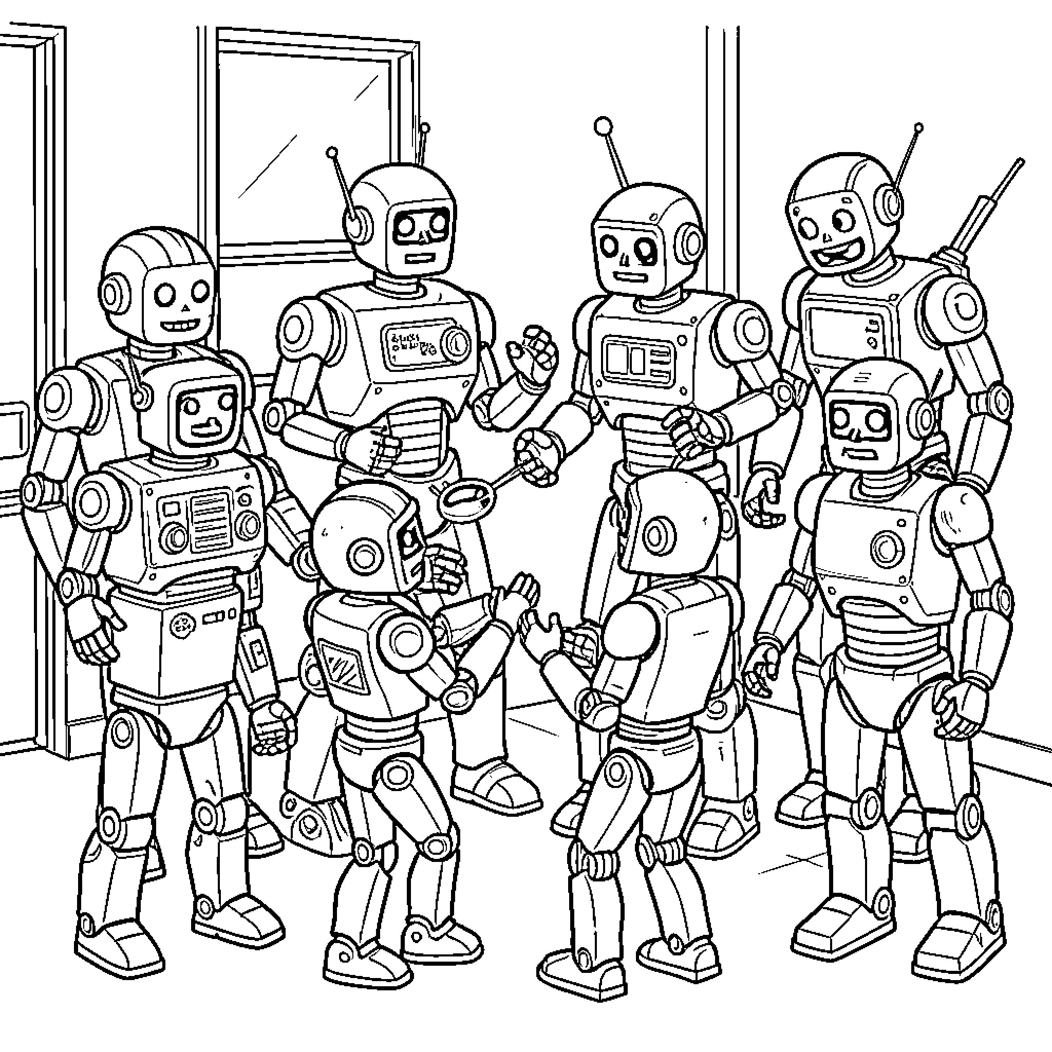 Bobot robots interacting and communicating in a group Coloring Page (free black-and-white line drawing printable PDF for all, from beginners to advanced learners, including children, teens, adults, and seniors)