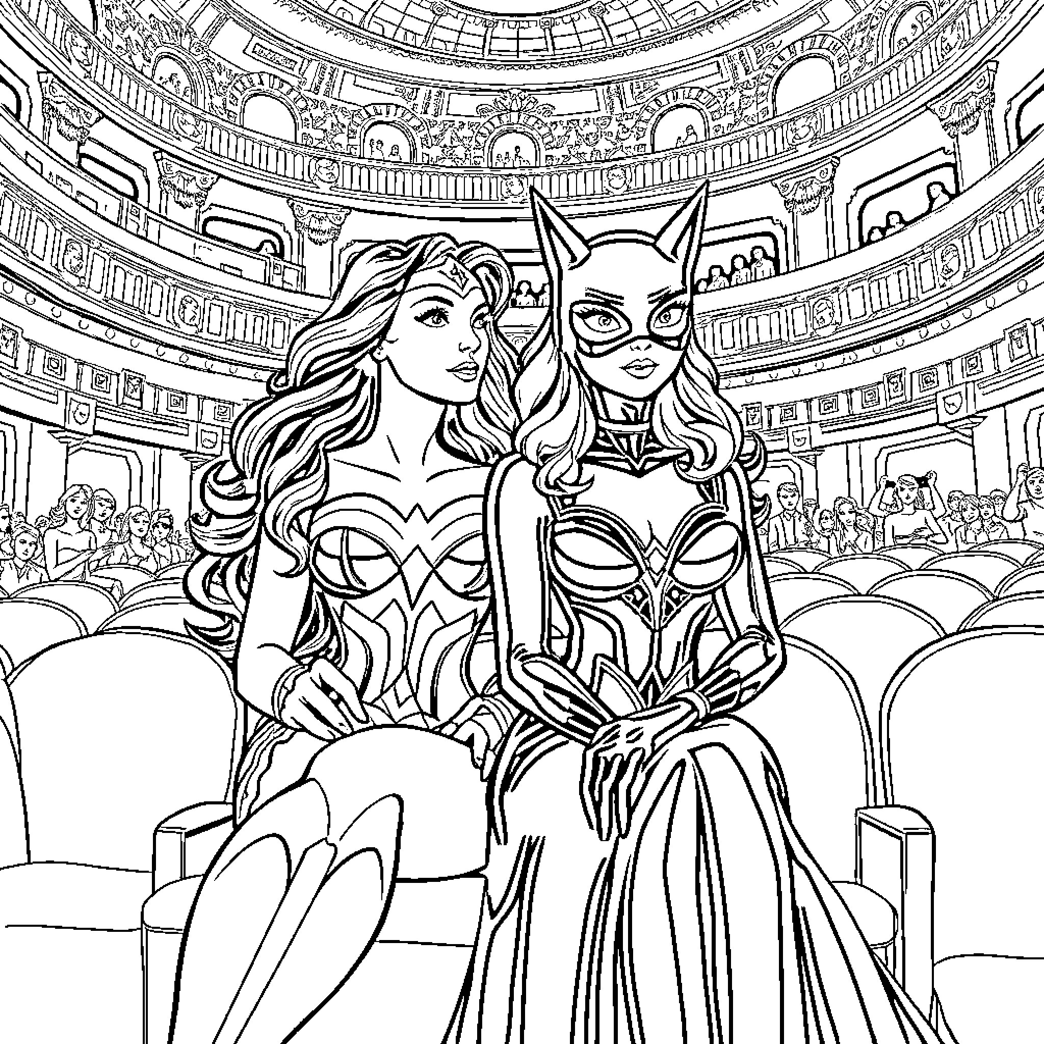 Wonder Woman and Batwoman in a grand auditorium Coloring Page (free black-and-white line drawing printable PDF for all, from beginners to advanced learners, including children, teens, adults, and seniors)