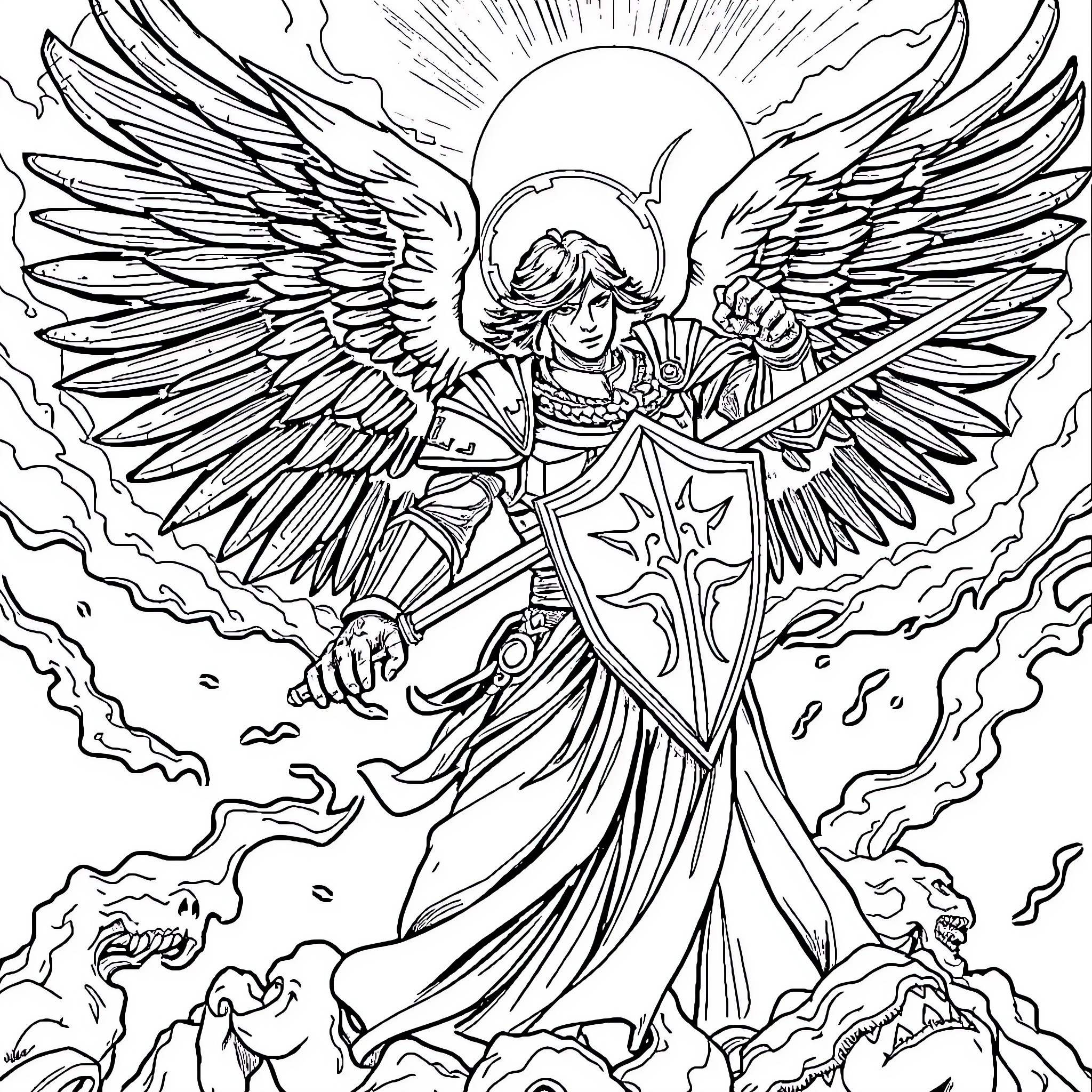 Angel warrior protecting the heavens with divine shield Coloring Page (free black-and-white line drawing printable PDF for all, from beginners to advanced learners, including children, teens, adults, and seniors)
