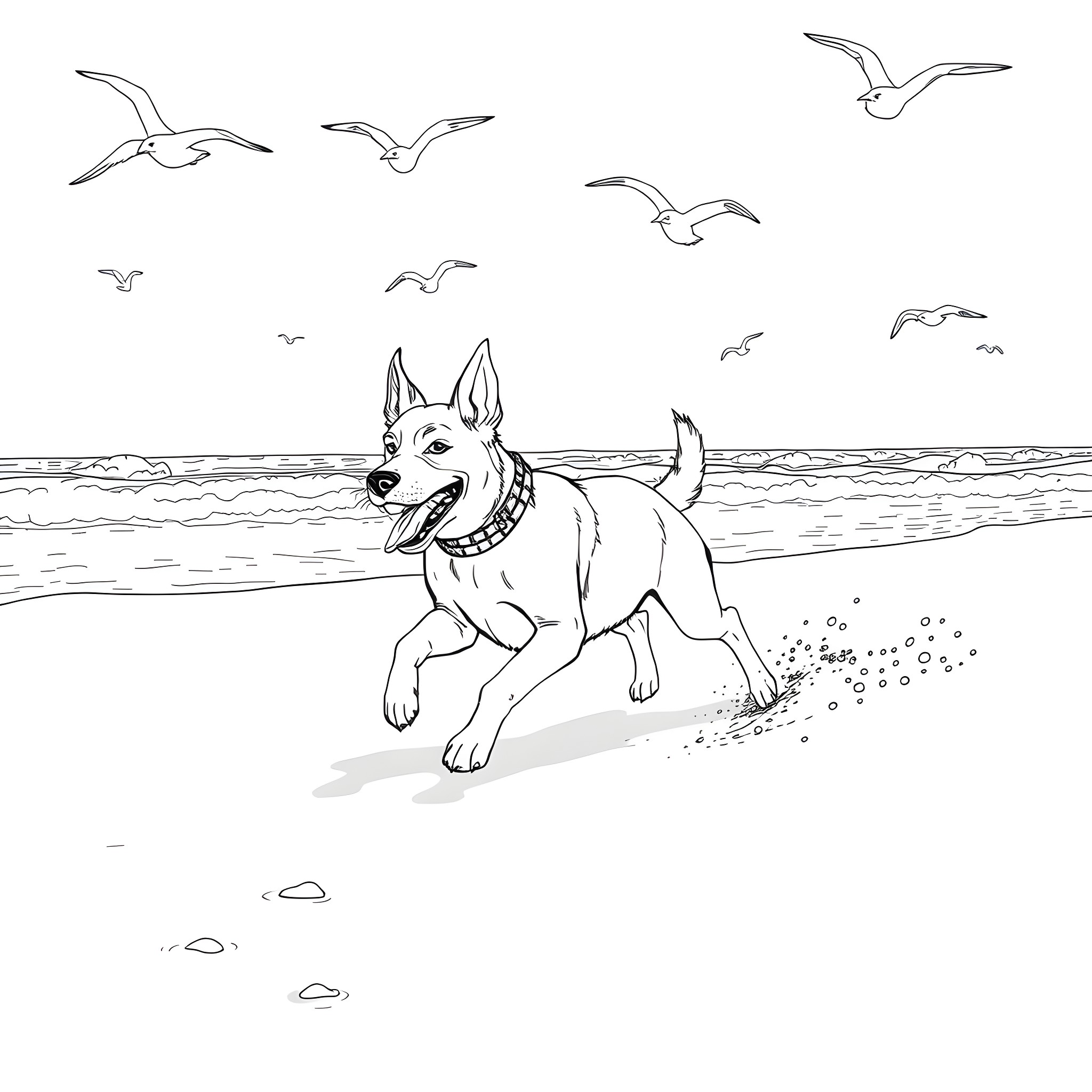 Dog running joyfully on the beach with seagulls Coloring Page (free black-and-white line drawing printable PDF for all, from beginners to advanced learners, including children, teens, adults, and seniors)