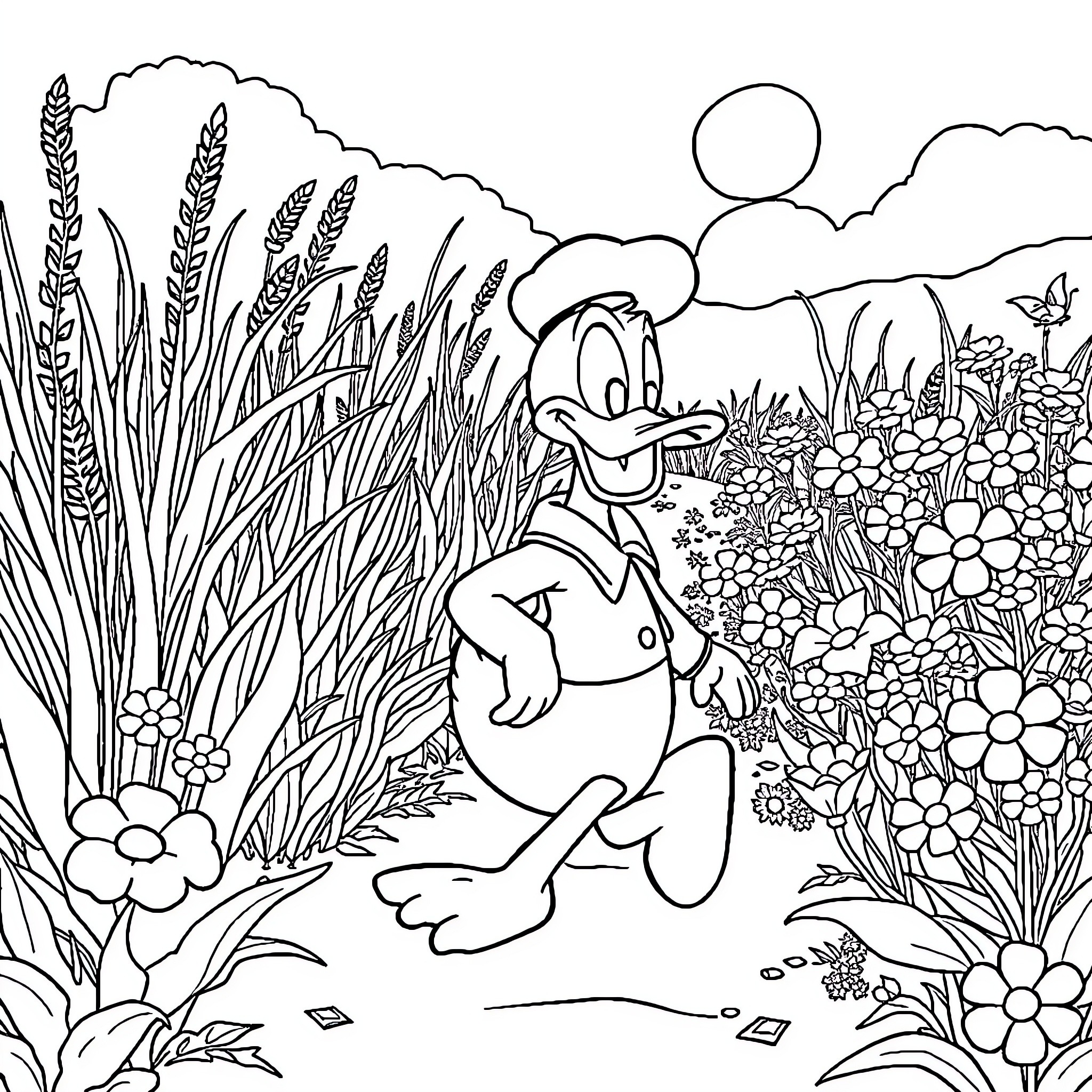 Donald Duck exploring a lush garden landscape Coloring Page (free black-and-white line drawing printable PDF for all, from beginners to advanced learners, including children, teens, adults, and seniors)