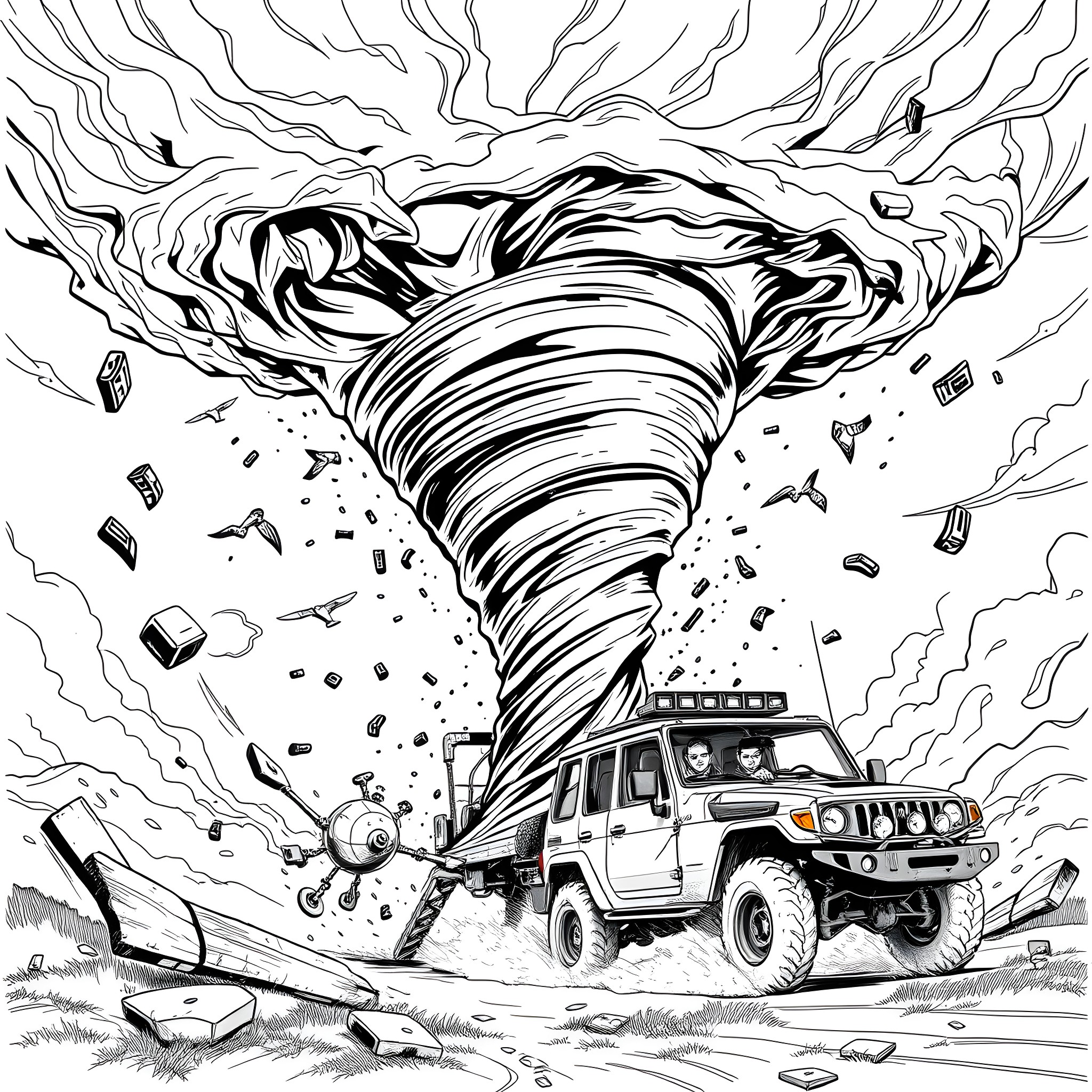 Twister Ripping Through the Wilderness with Offroad Vehicle Coloring Page (free black-and-white line drawing printable PDF for all, from beginners to advanced learners, including children, teens, adults, and seniors)
