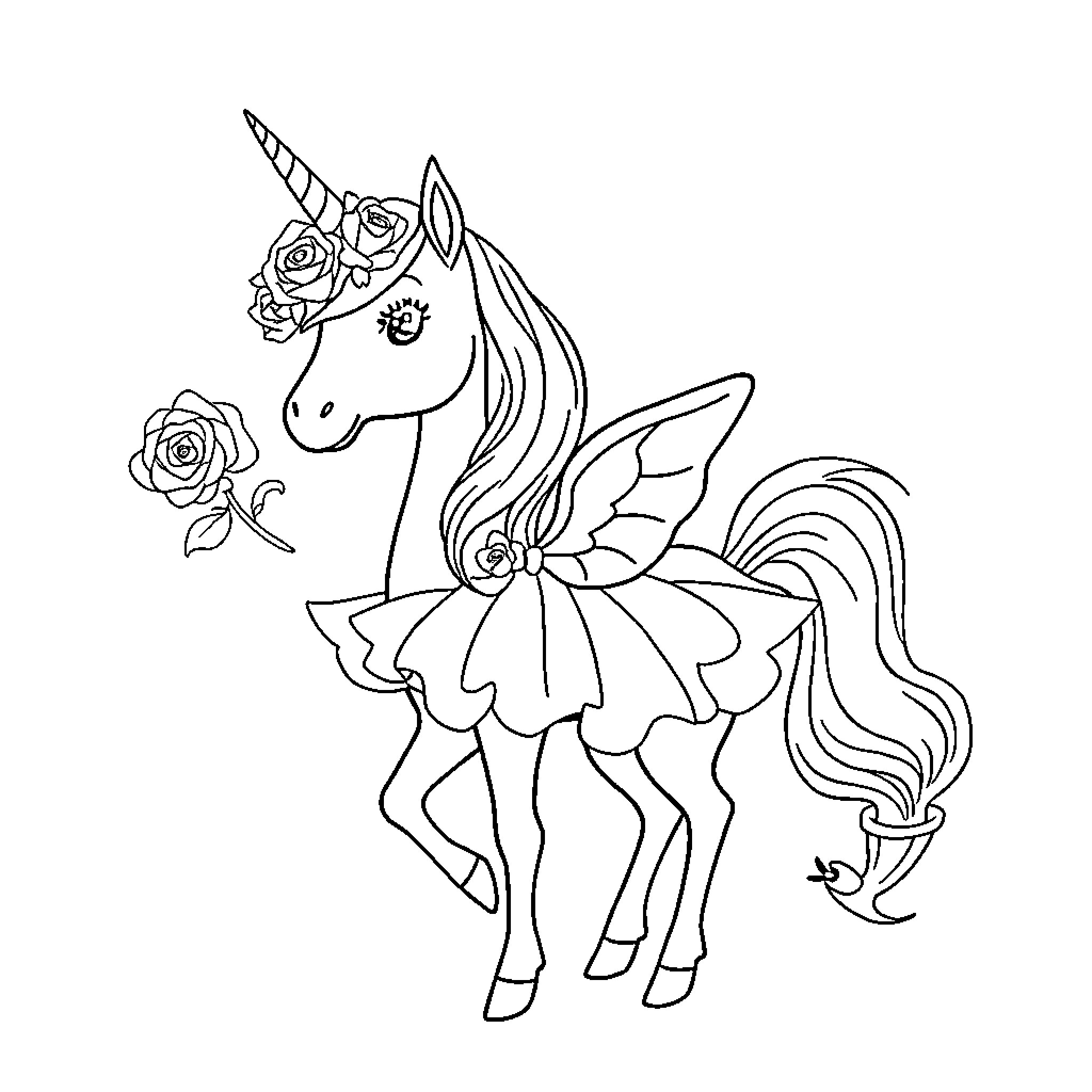 Unicorn with floral crown and wings Coloring Page (free black-and-white line drawing printable PDF for all, from beginners to advanced learners, including children, teens, adults, and seniors)