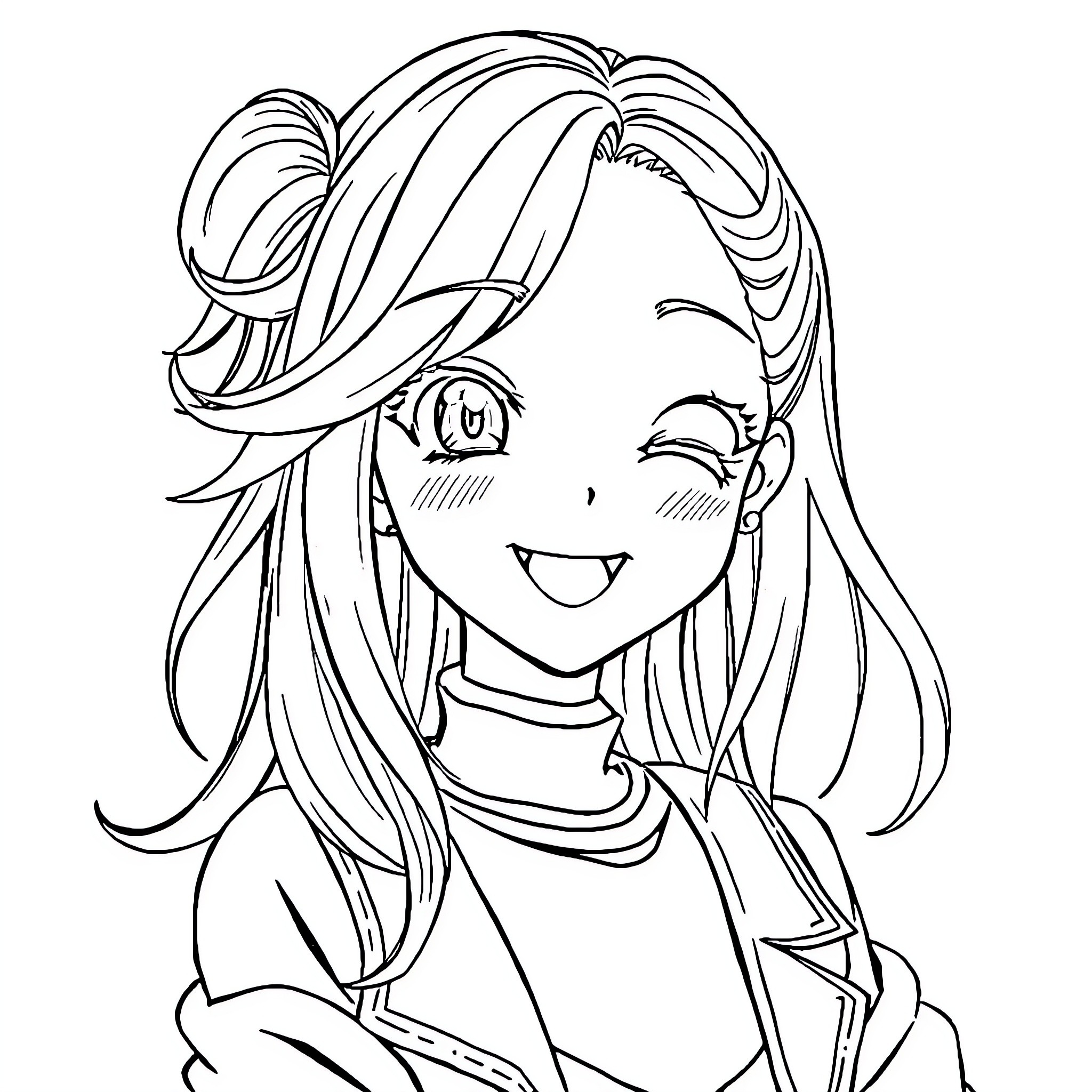 Anime Girl with Expressive Features Coloring Page (free black-and-white line drawing printable PDF for all, from beginners to advanced learners, including children, teens, adults, and seniors)